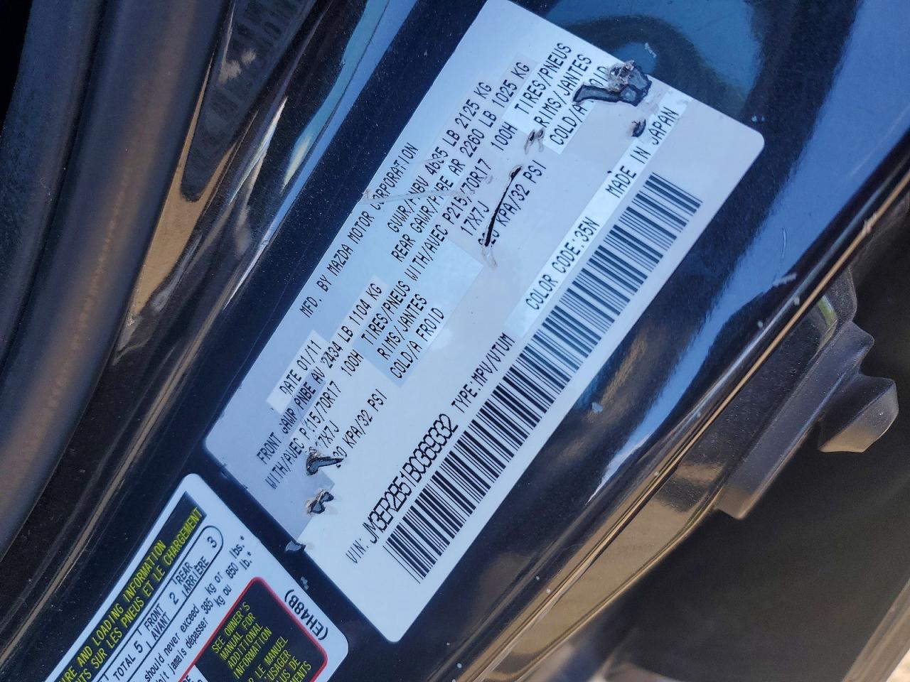 2011 Mazda Cx-7 Black vin: JM3ER2B51B0369332