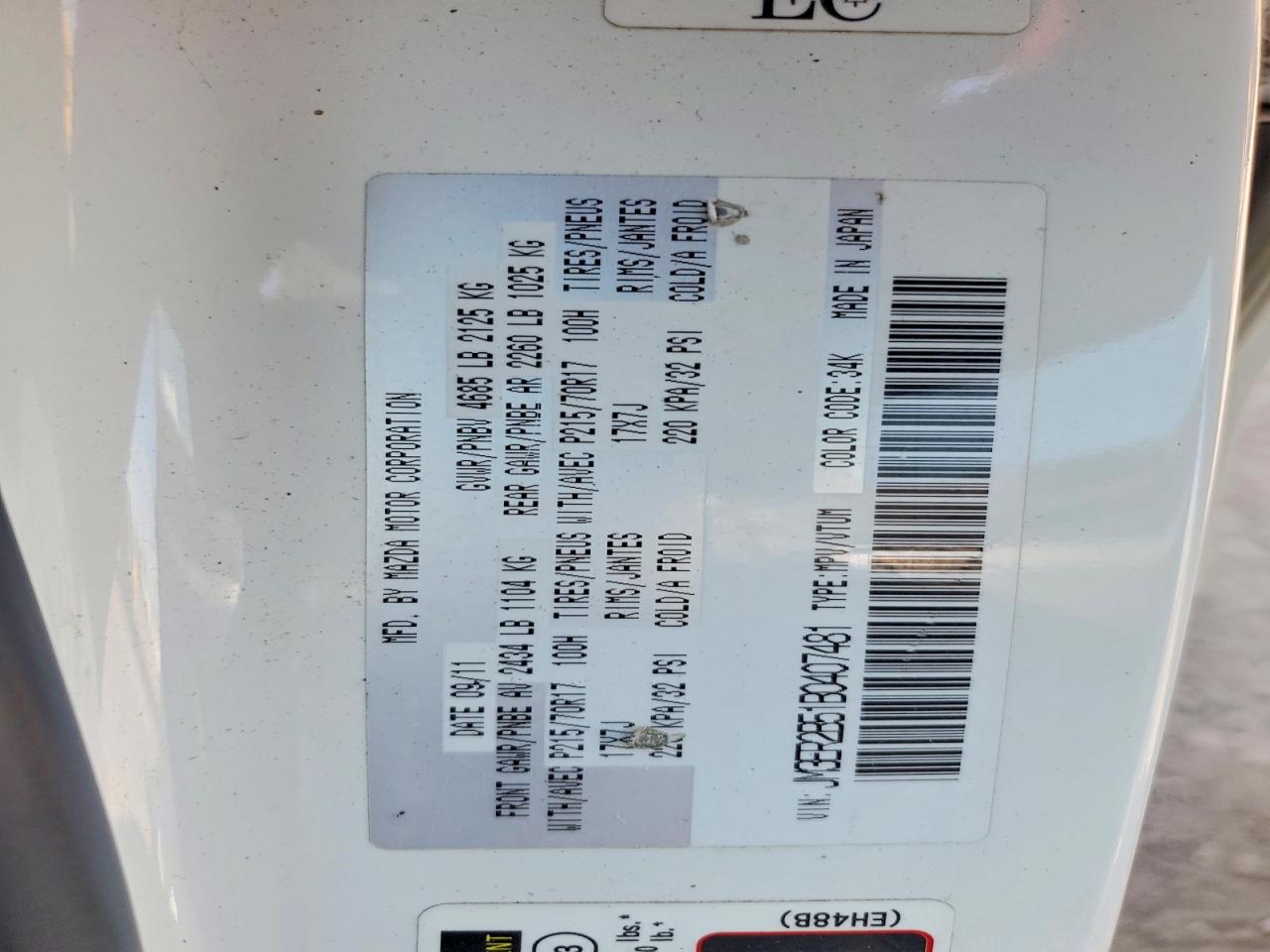 2011 Mazda Cx-7 White vin: JM3ER2B51B0407481