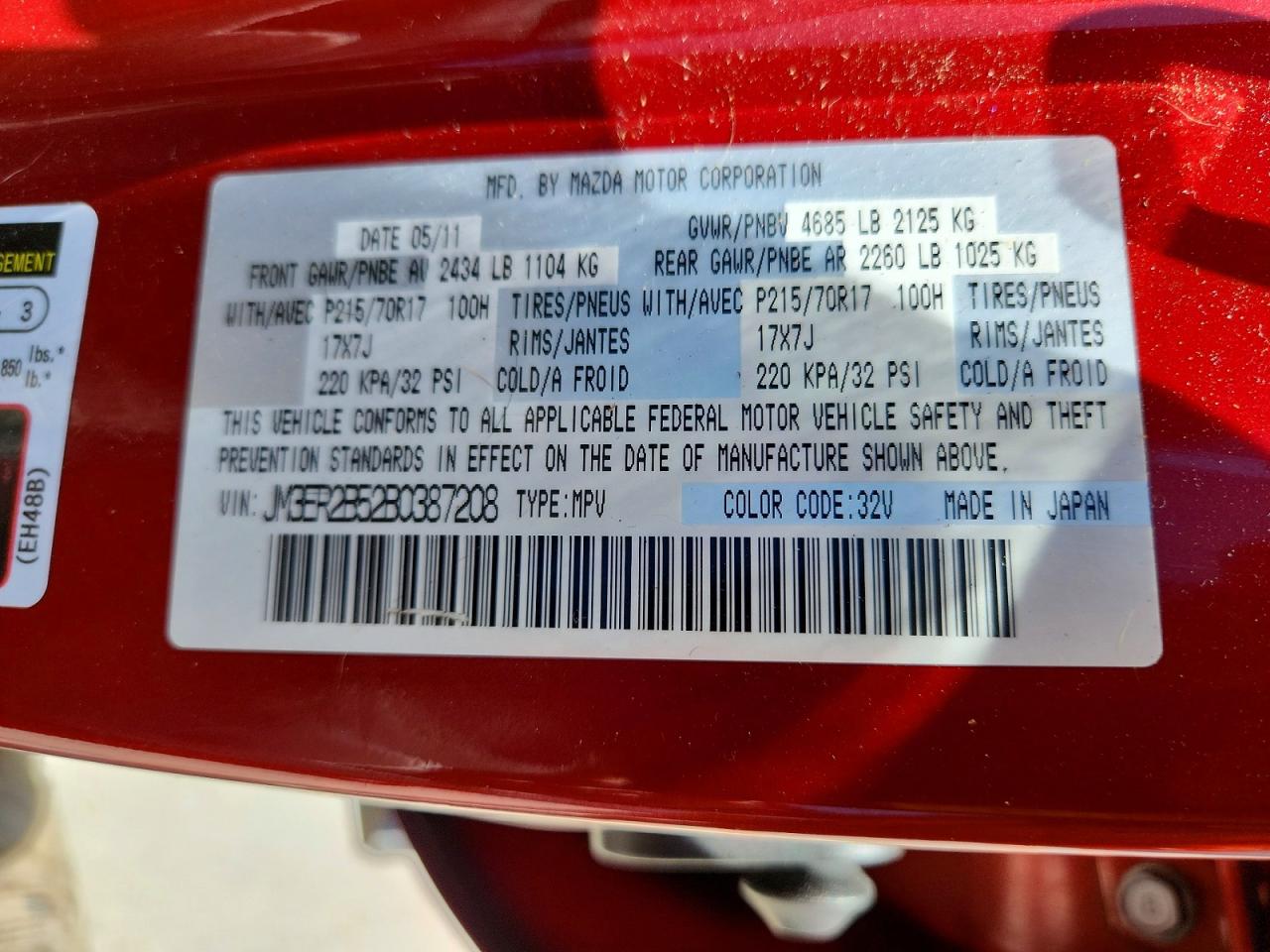 2011 Mazda Cx-7 Red vin: JM3ER2B52B0387208