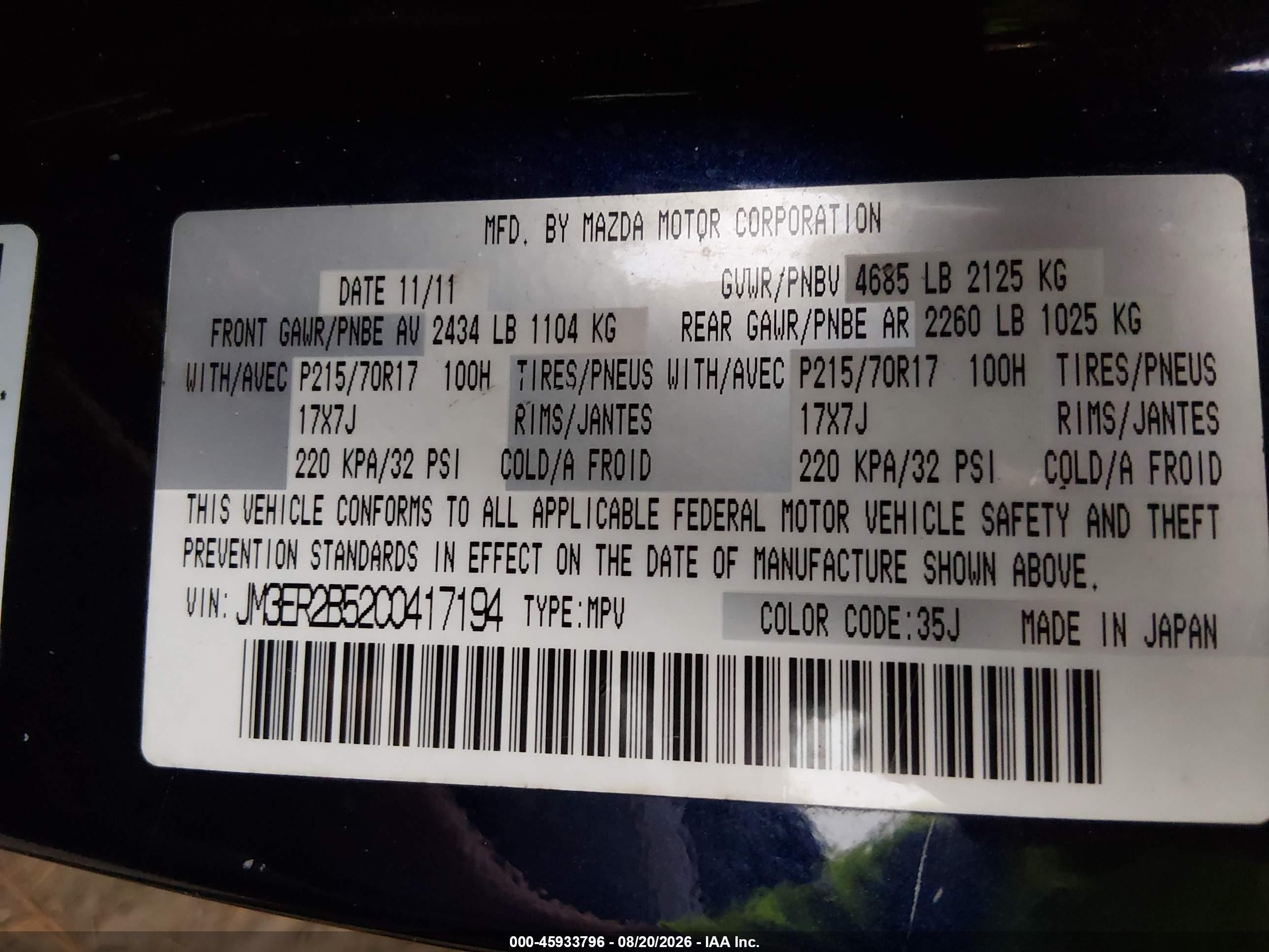 2012 Mazda Cx-7 I Sport Blue vin: JM3ER2B52C0417194