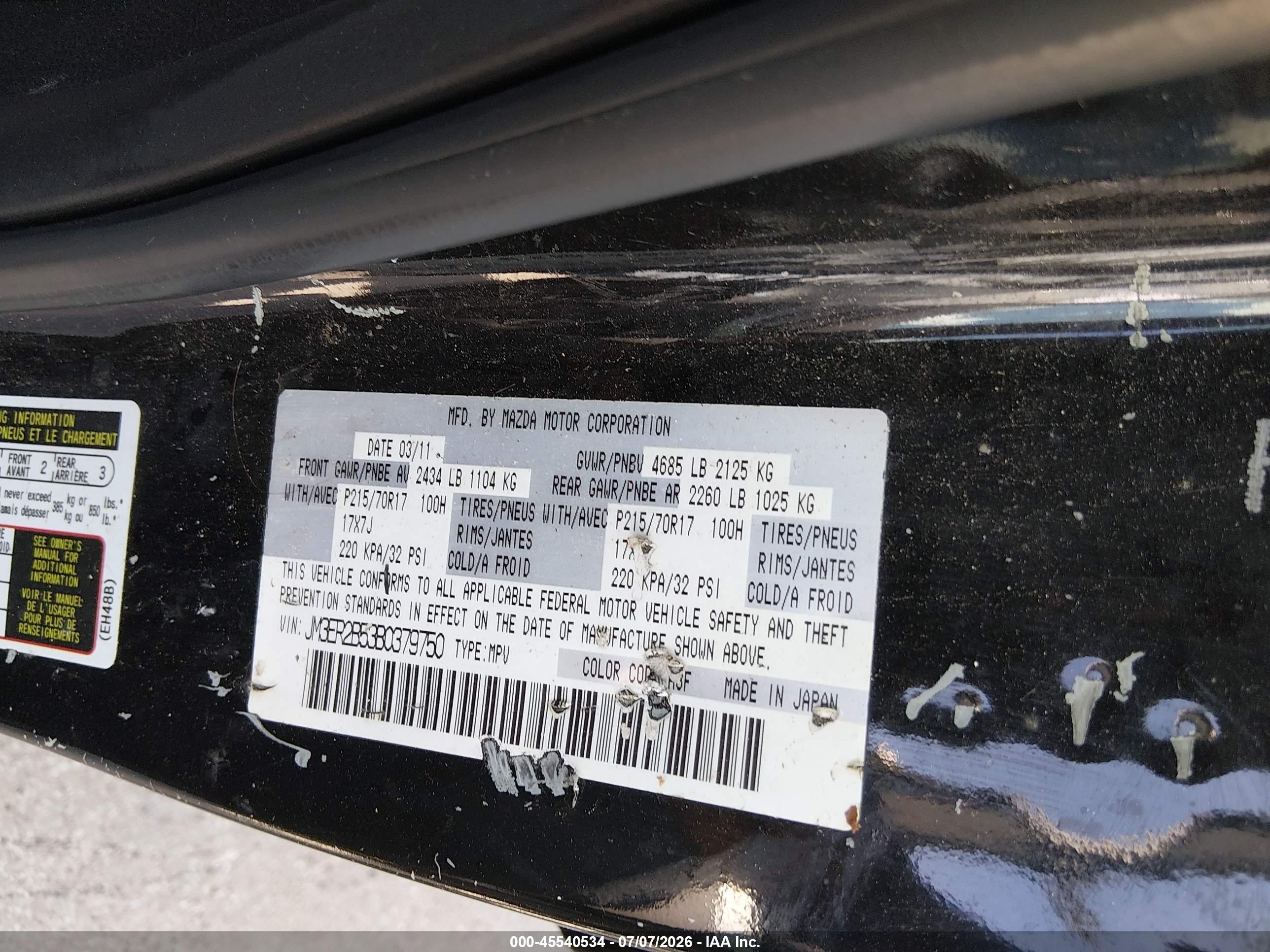 2011 Mazda Cx-7 I Sport Black vin: JM3ER2B53B0379750