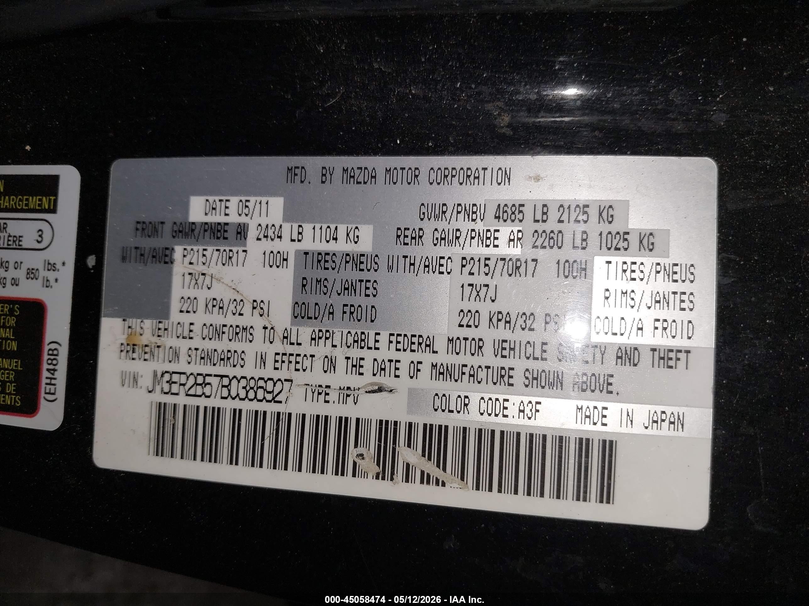 2011 Mazda Cx-7 I Sport Black vin: JM3ER2B57B0386927
