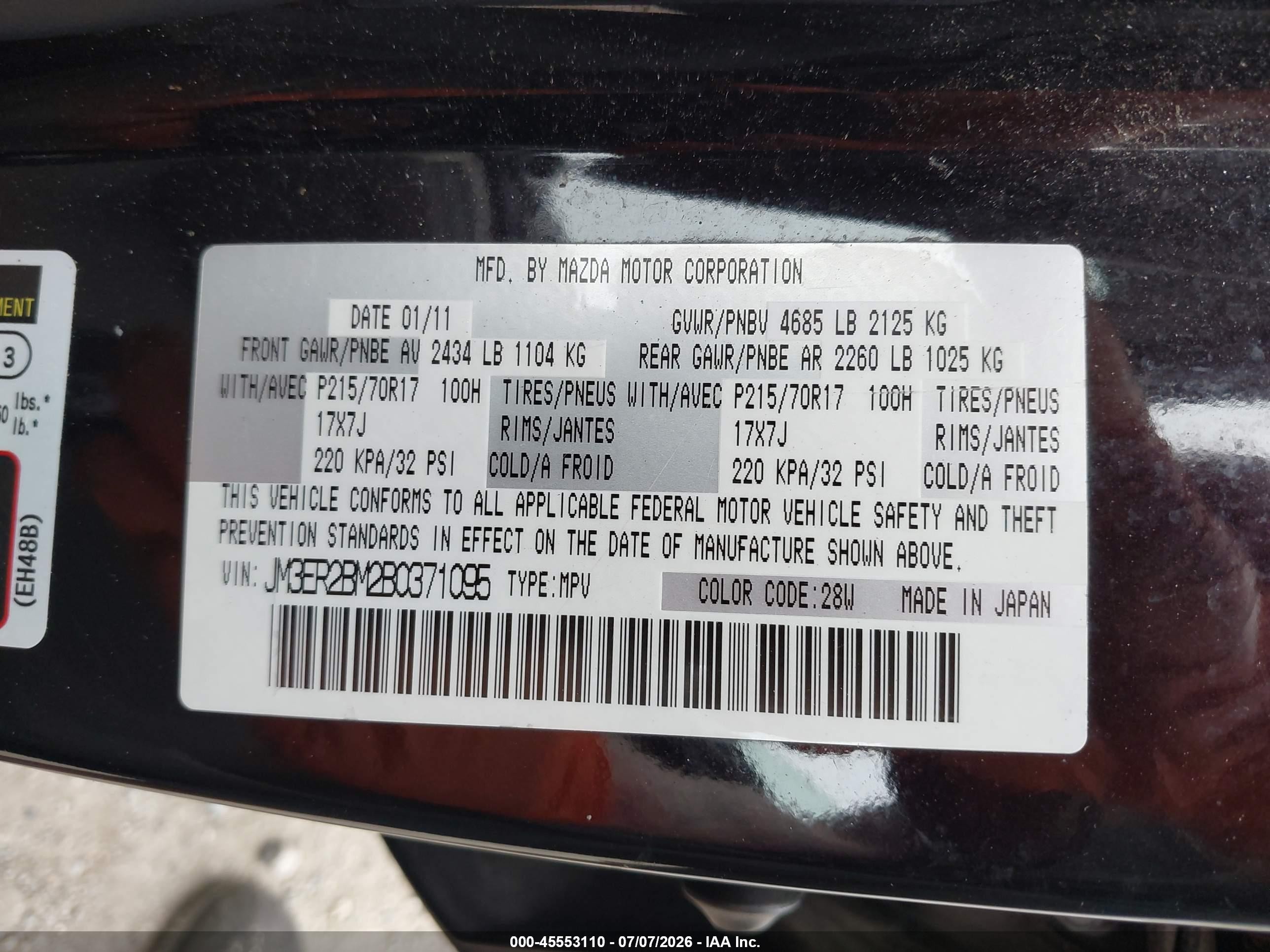 2011 Mazda Cx-7 I Sport Black vin: JM3ER2BM2B0371095