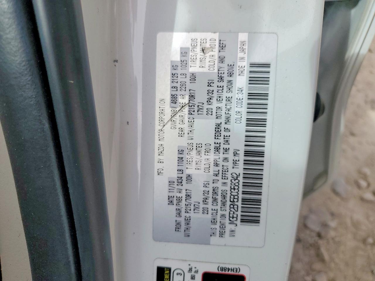 2011 Mazda Cx-7 White vin: JM3ER2BM5B0358342