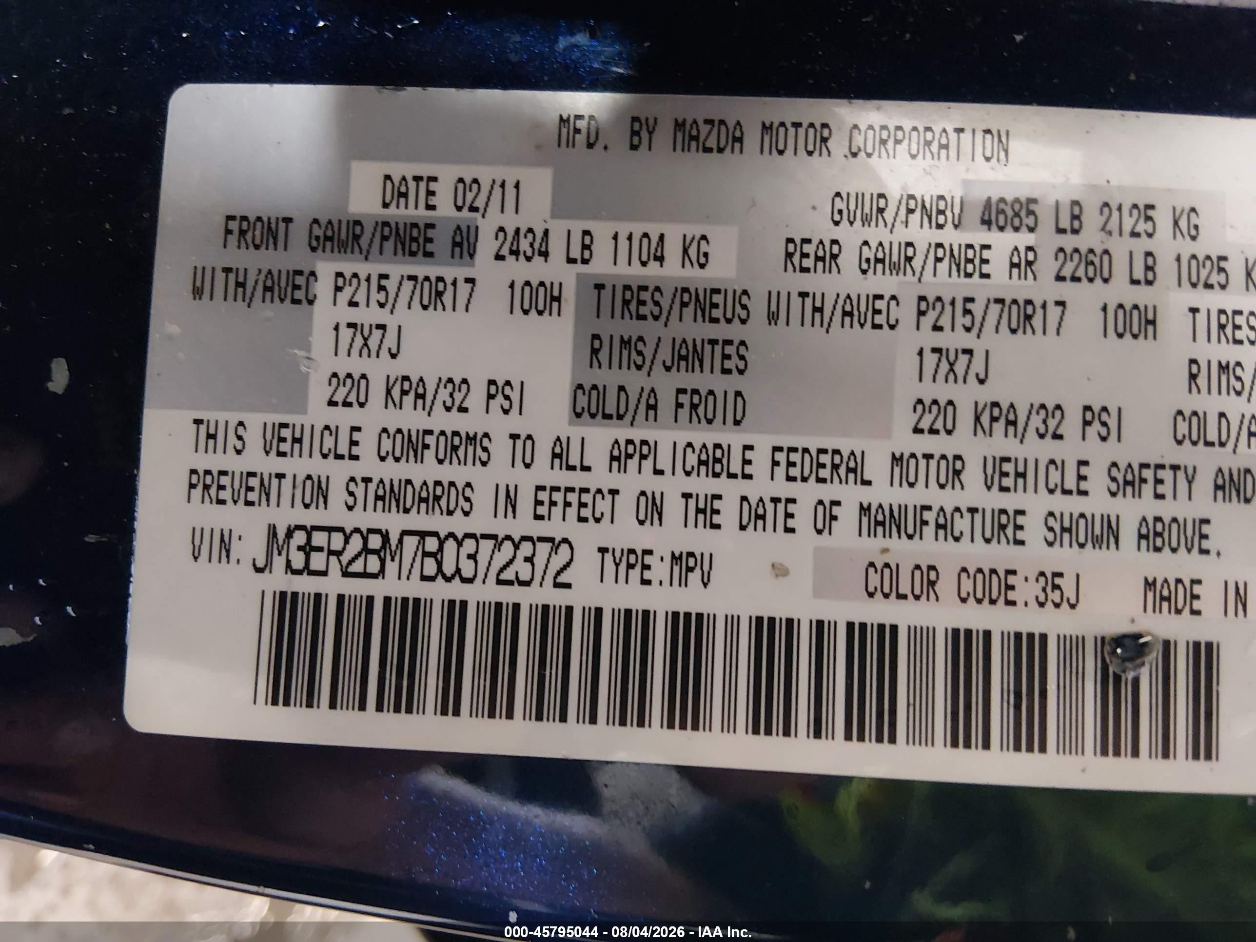 2011 Mazda Cx-7 I Sport Dark Blue vin: JM3ER2BM7B0372372