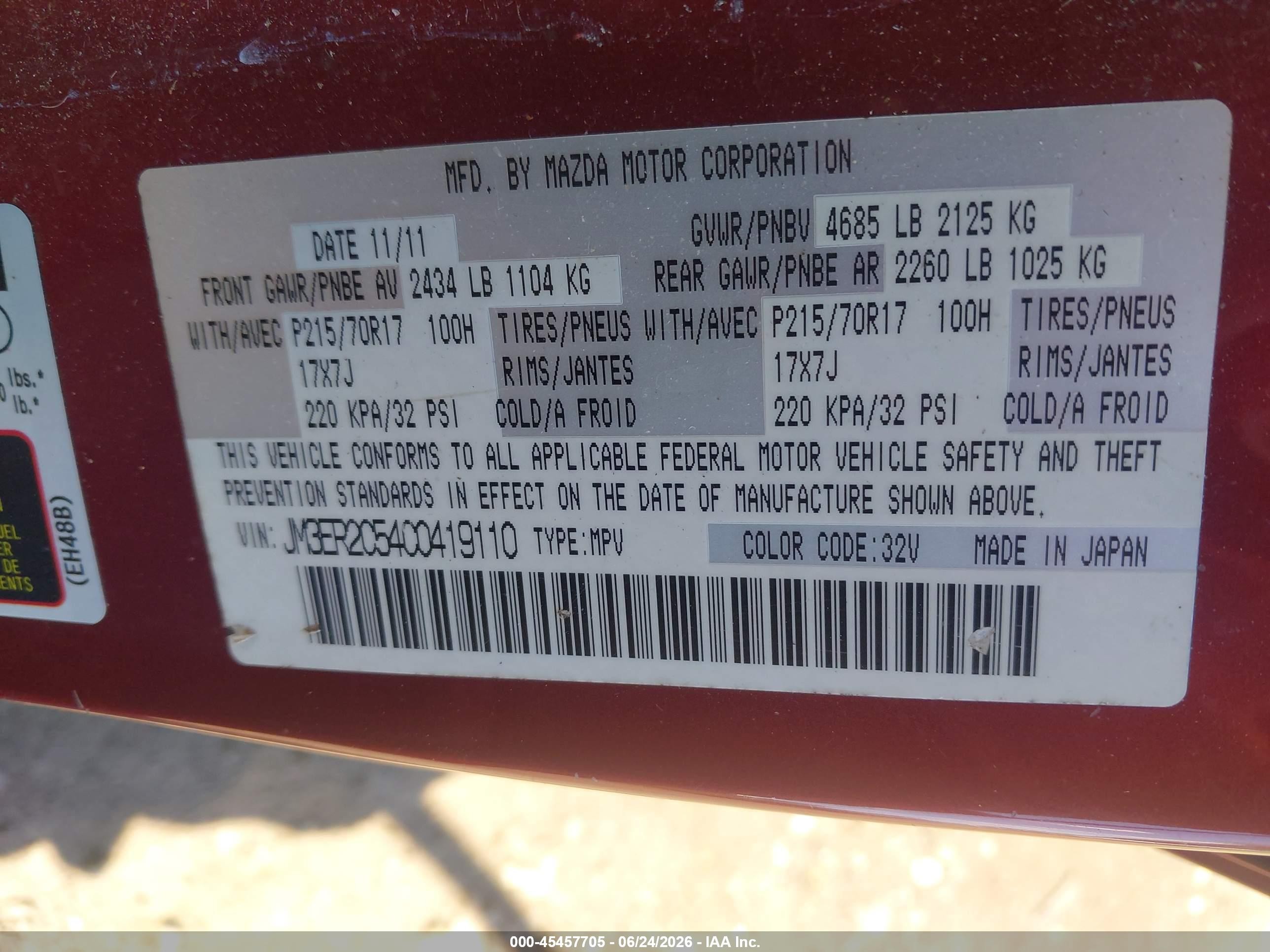 2012 Mazda Cx-7 I Touring Red vin: JM3ER2C54C0419110