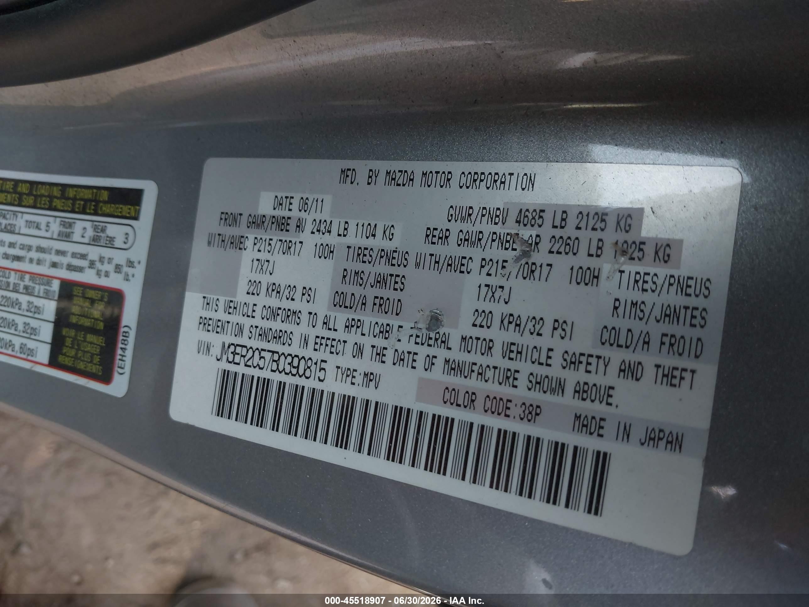 2011 Mazda Cx-7 I Touring Gray vin: JM3ER2C57B0390815