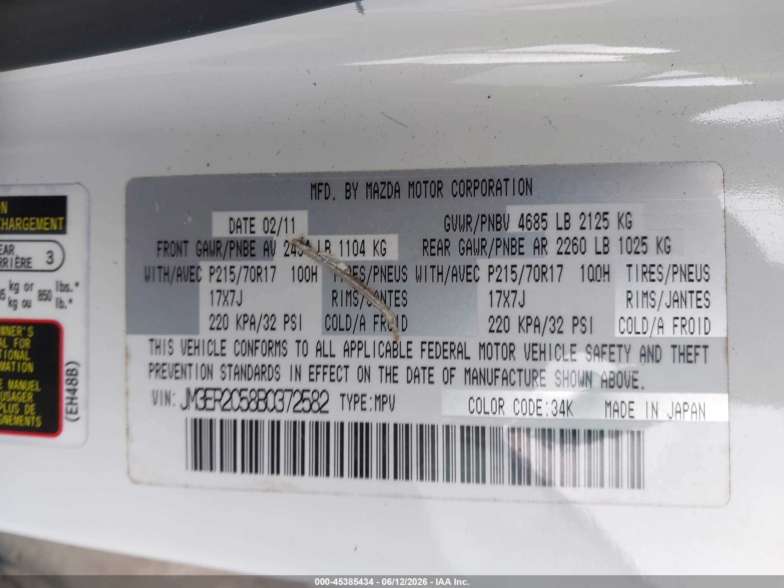 2011 Mazda Cx-7 I Touring White vin: JM3ER2C58B0372582