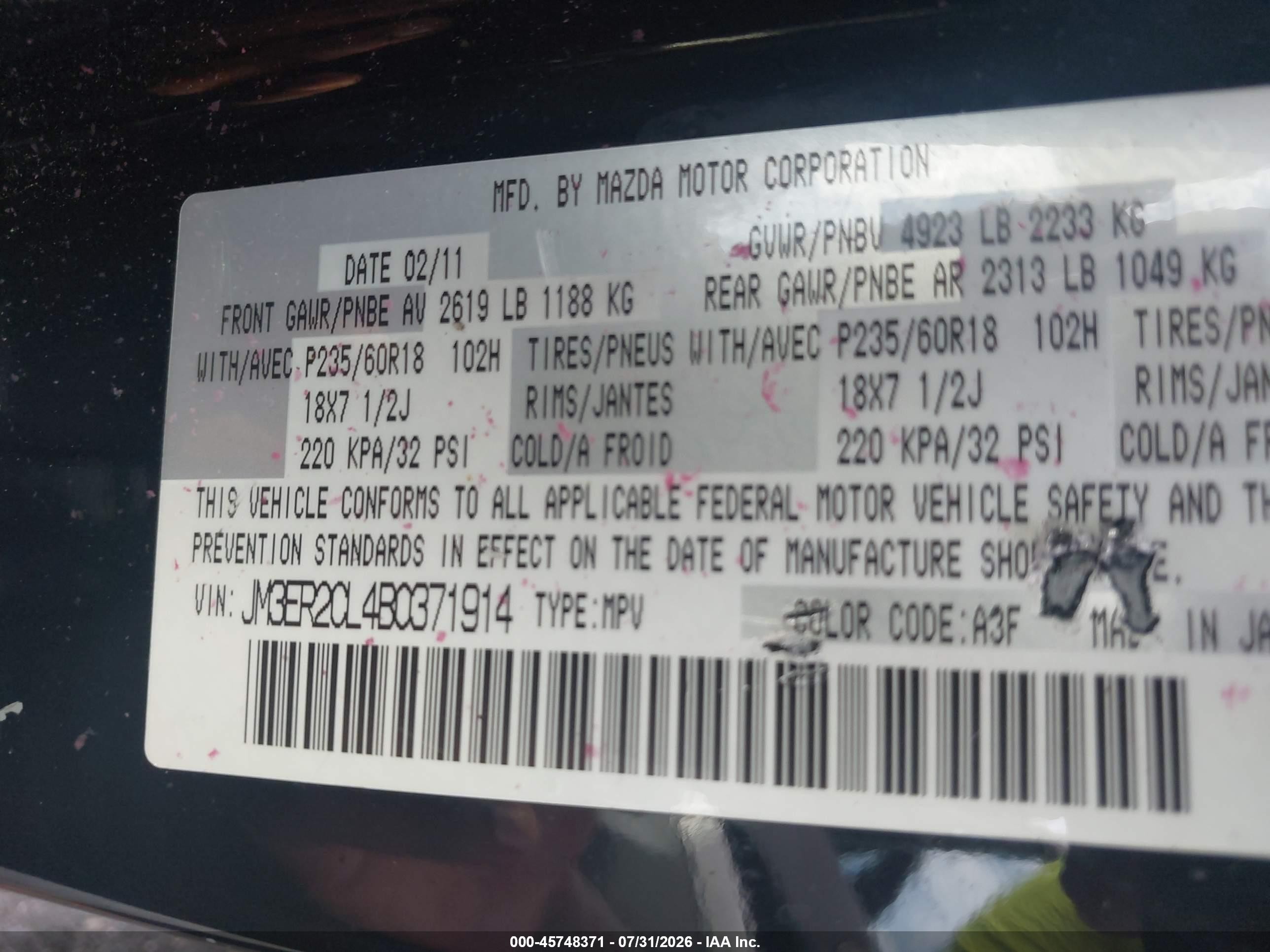 2011 Mazda Cx-7 S Touring Black vin: JM3ER2CL4B0371914