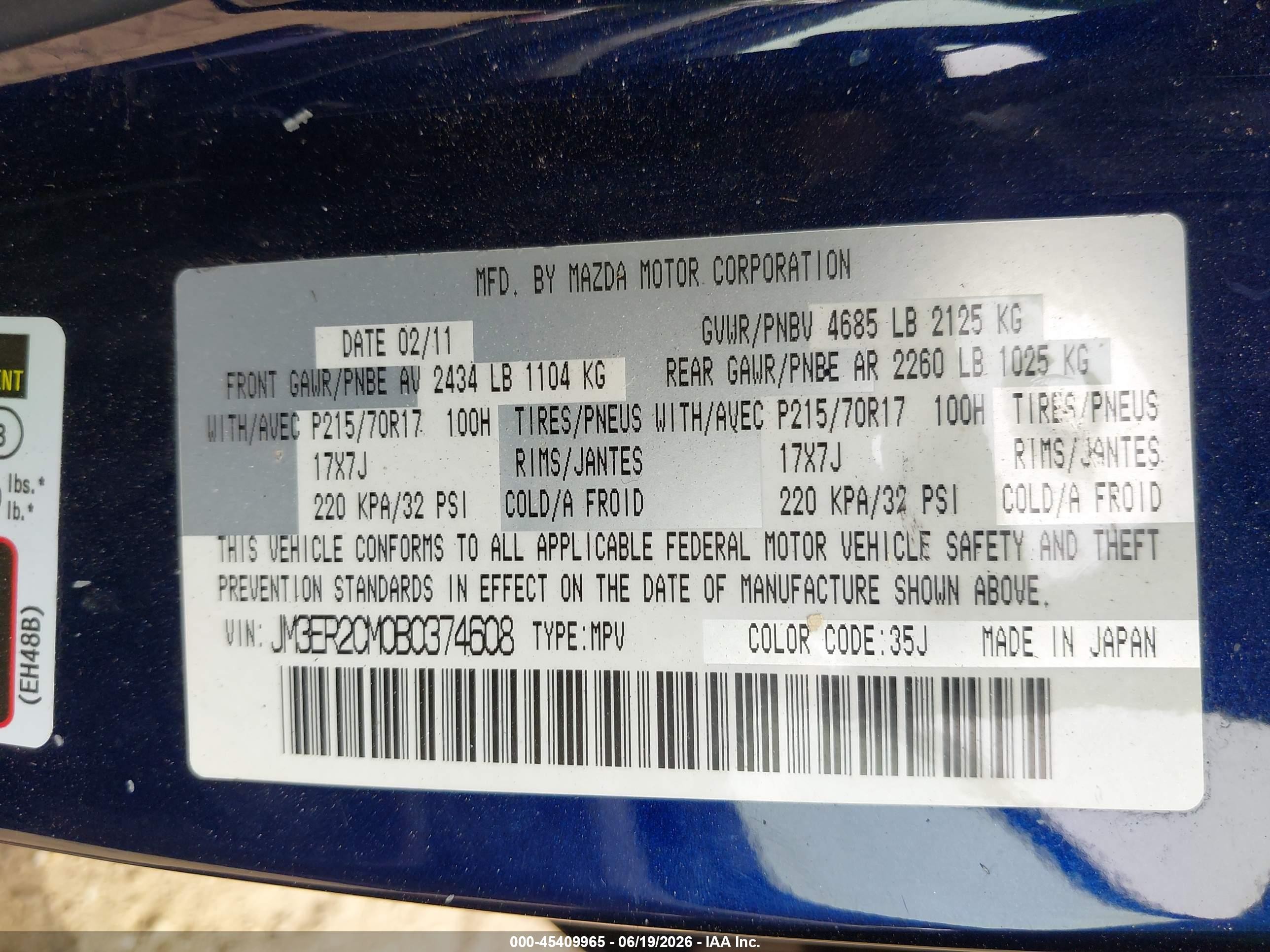 2011 Mazda Cx-7 I Touring Blue vin: JM3ER2CM0B0374608