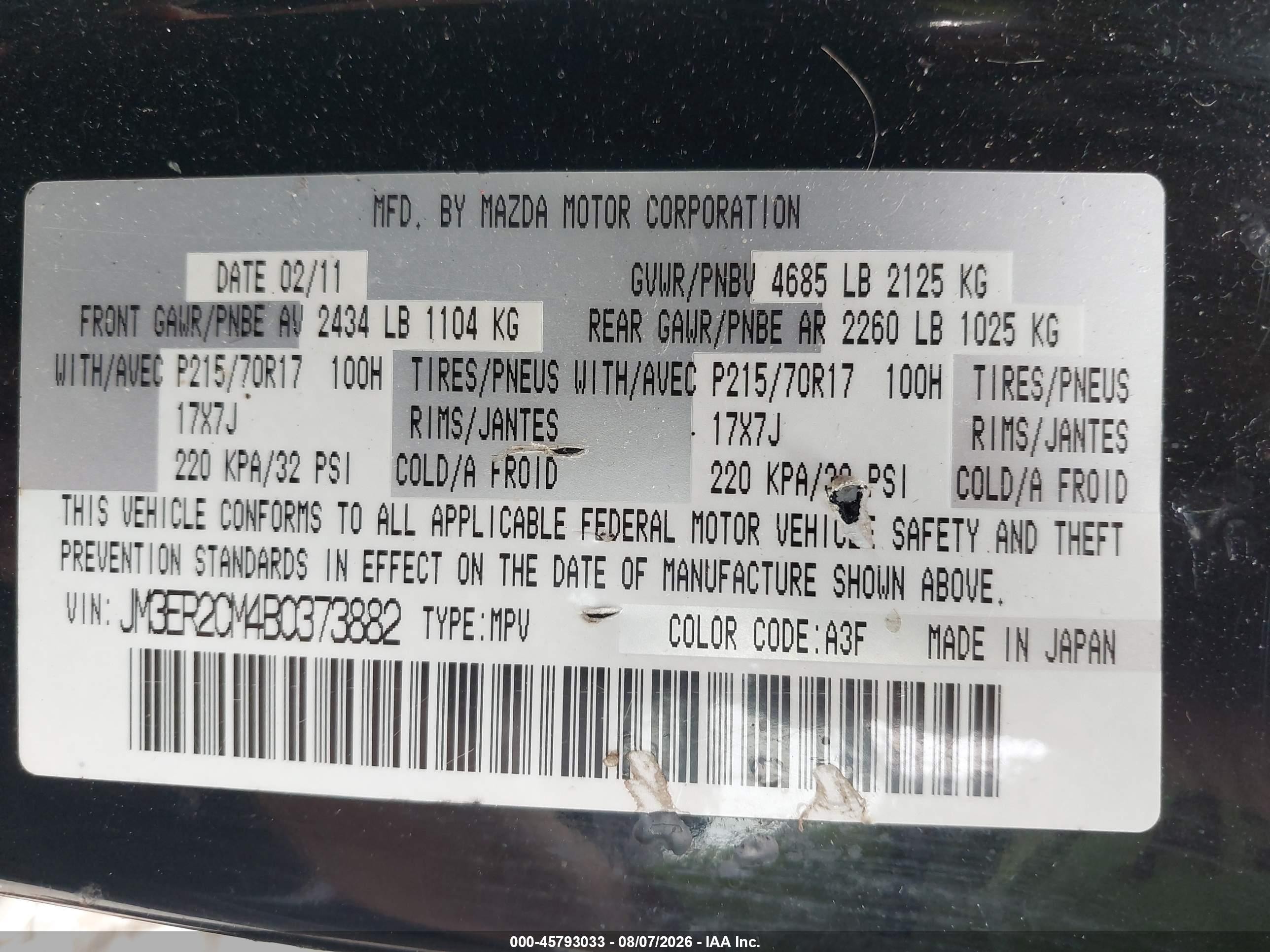 2011 Mazda Cx-7 I Touring Black vin: JM3ER2CM4B0373882
