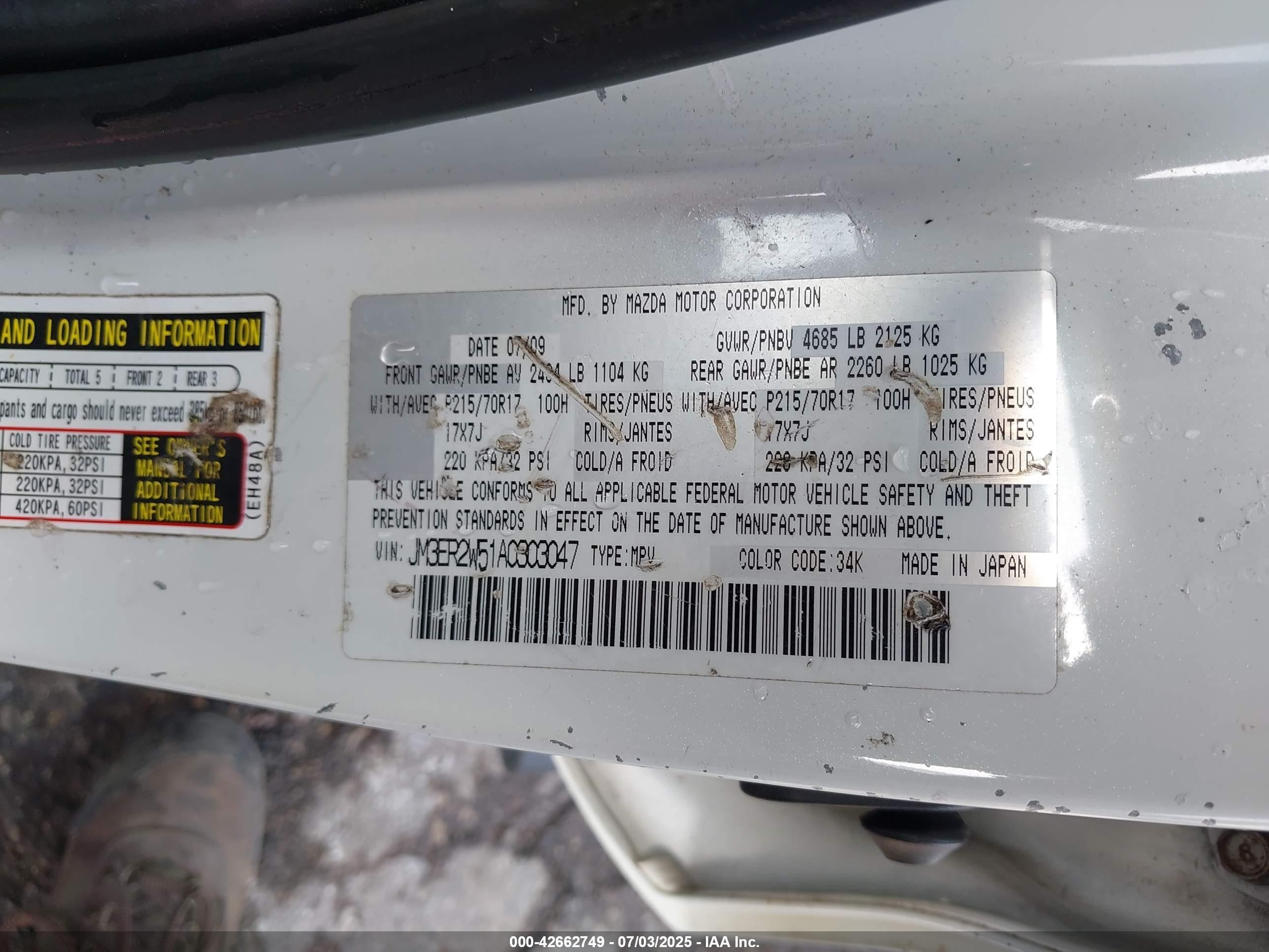 2010 Mazda Cx-7 I Sport White vin: JM3ER2W51A0303047
