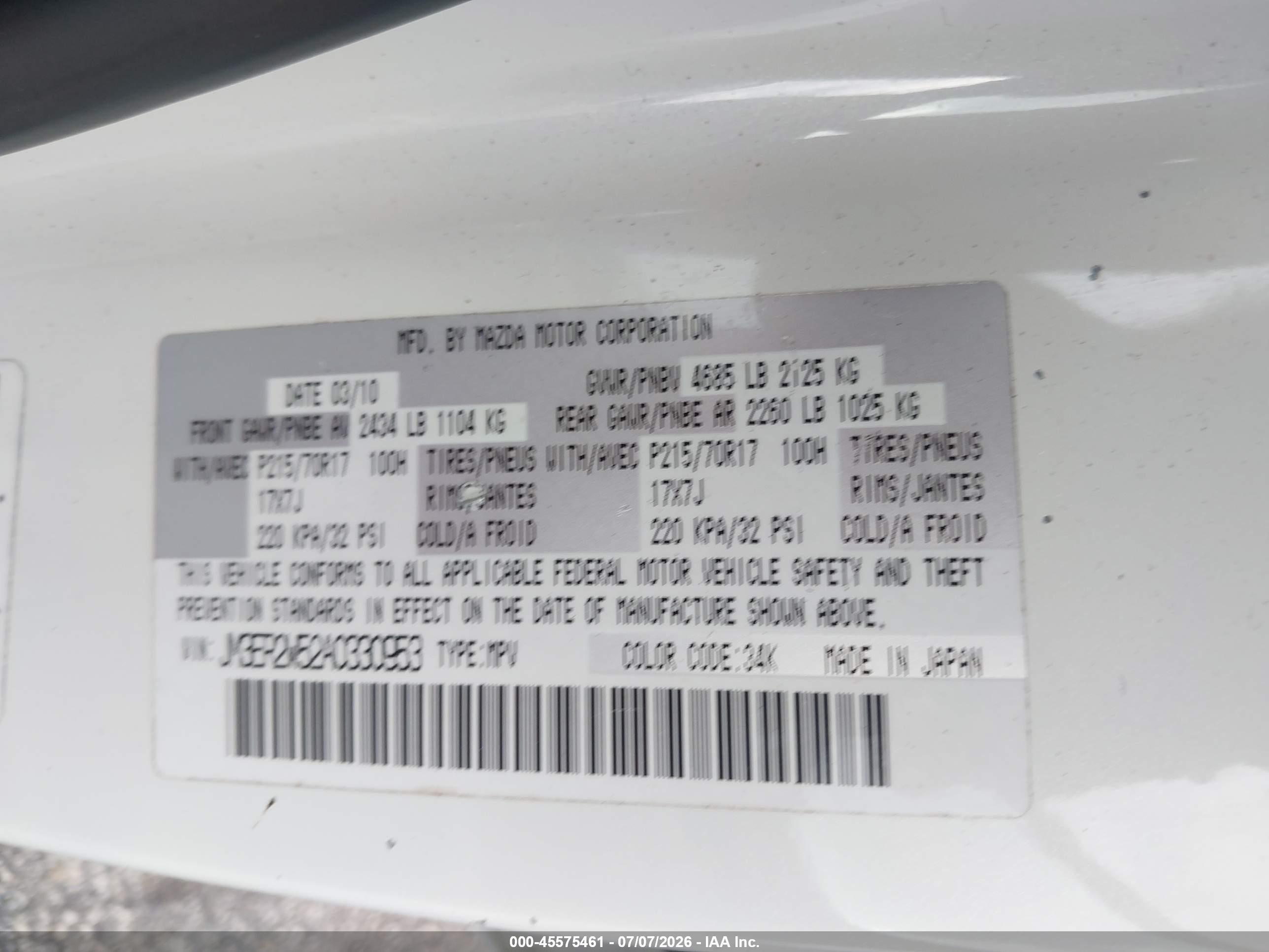 2010 Mazda Cx-7 I Sv White vin: JM3ER2W52A0330953