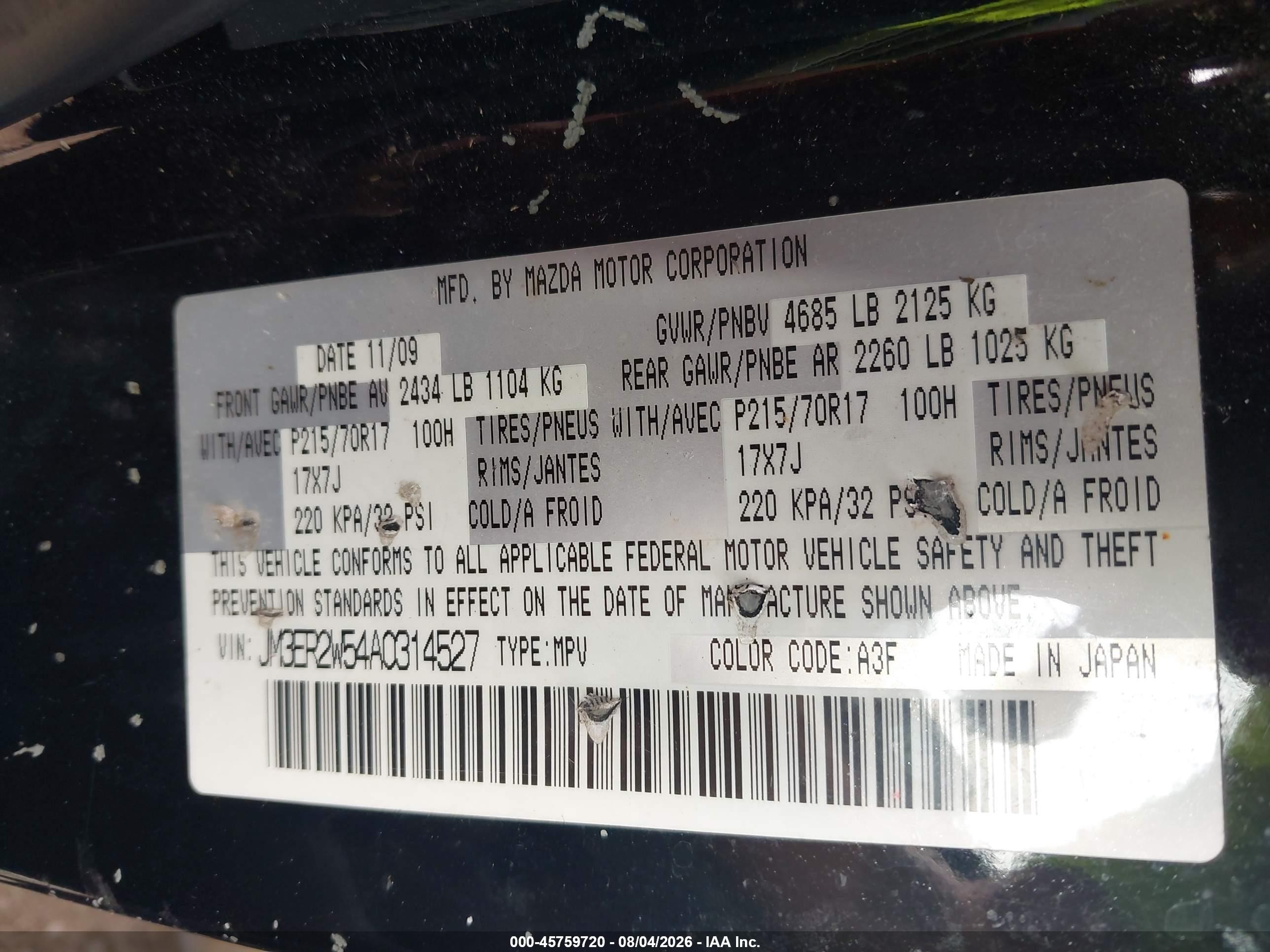 2010 Mazda Cx-7 I Sport Black vin: JM3ER2W54A0314527