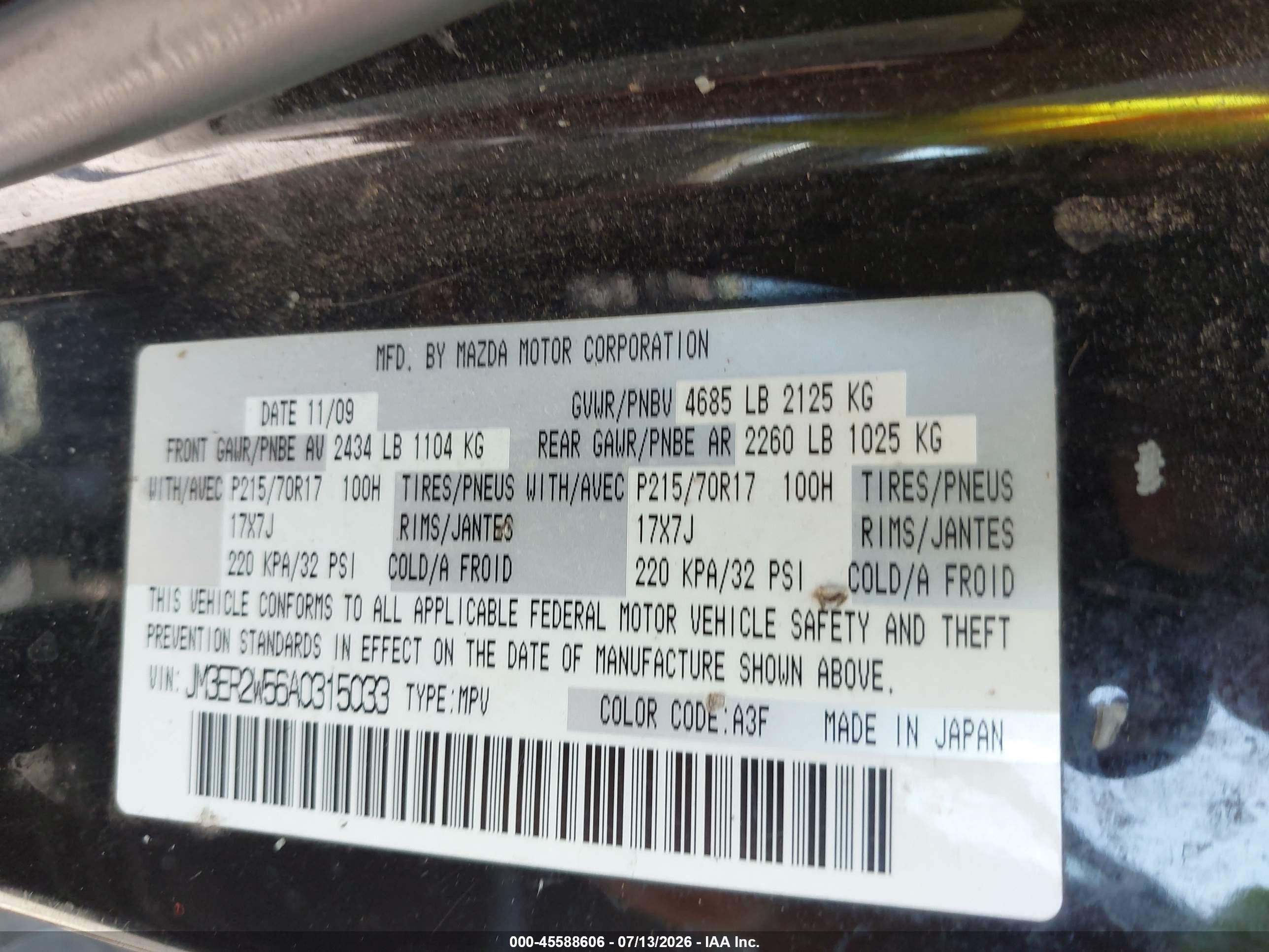 2010 Mazda Cx-7 I Sv Black vin: JM3ER2W56A0315033