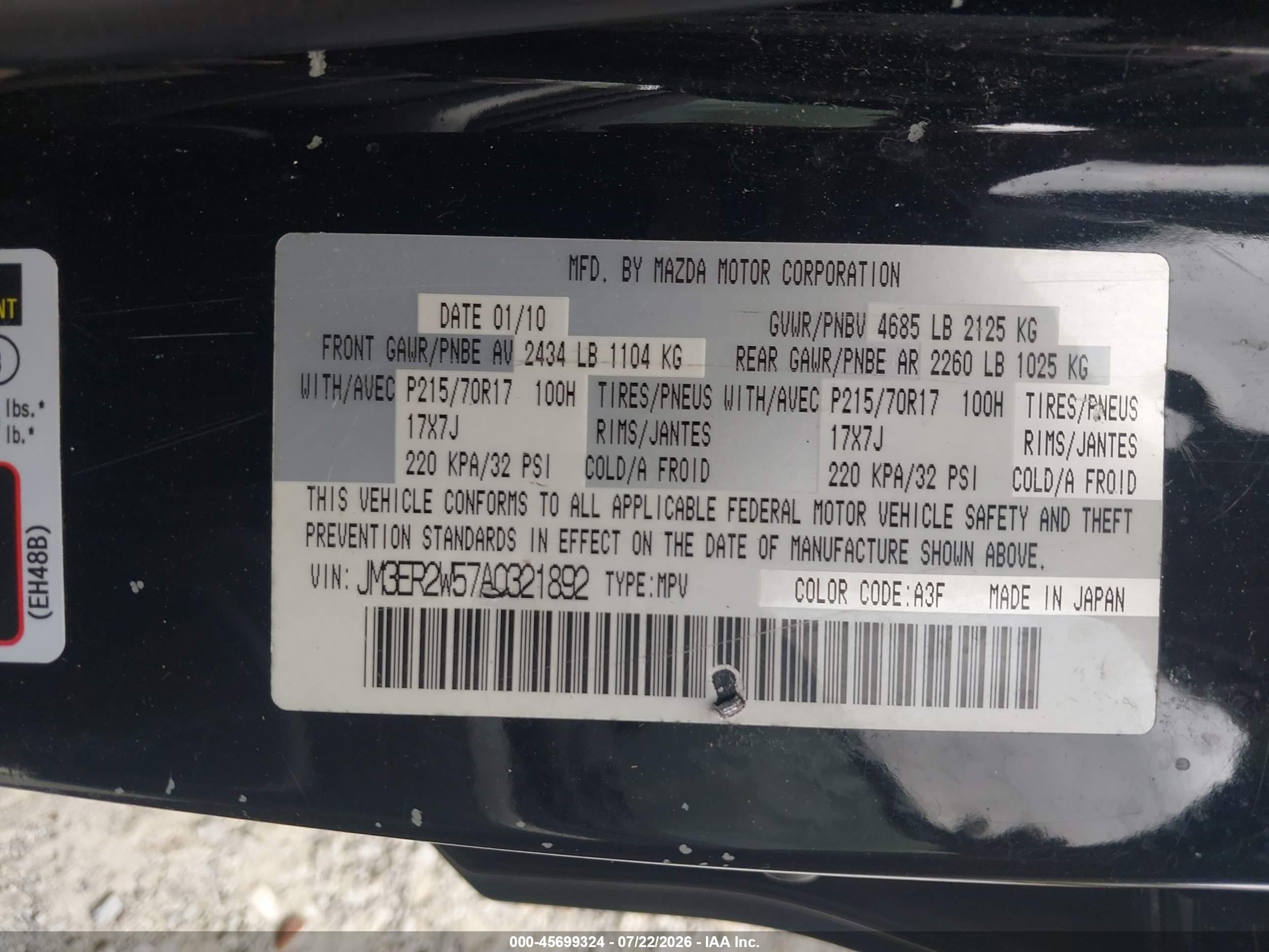 2010 Mazda Cx-7 I Sv Black vin: JM3ER2W57A0321892