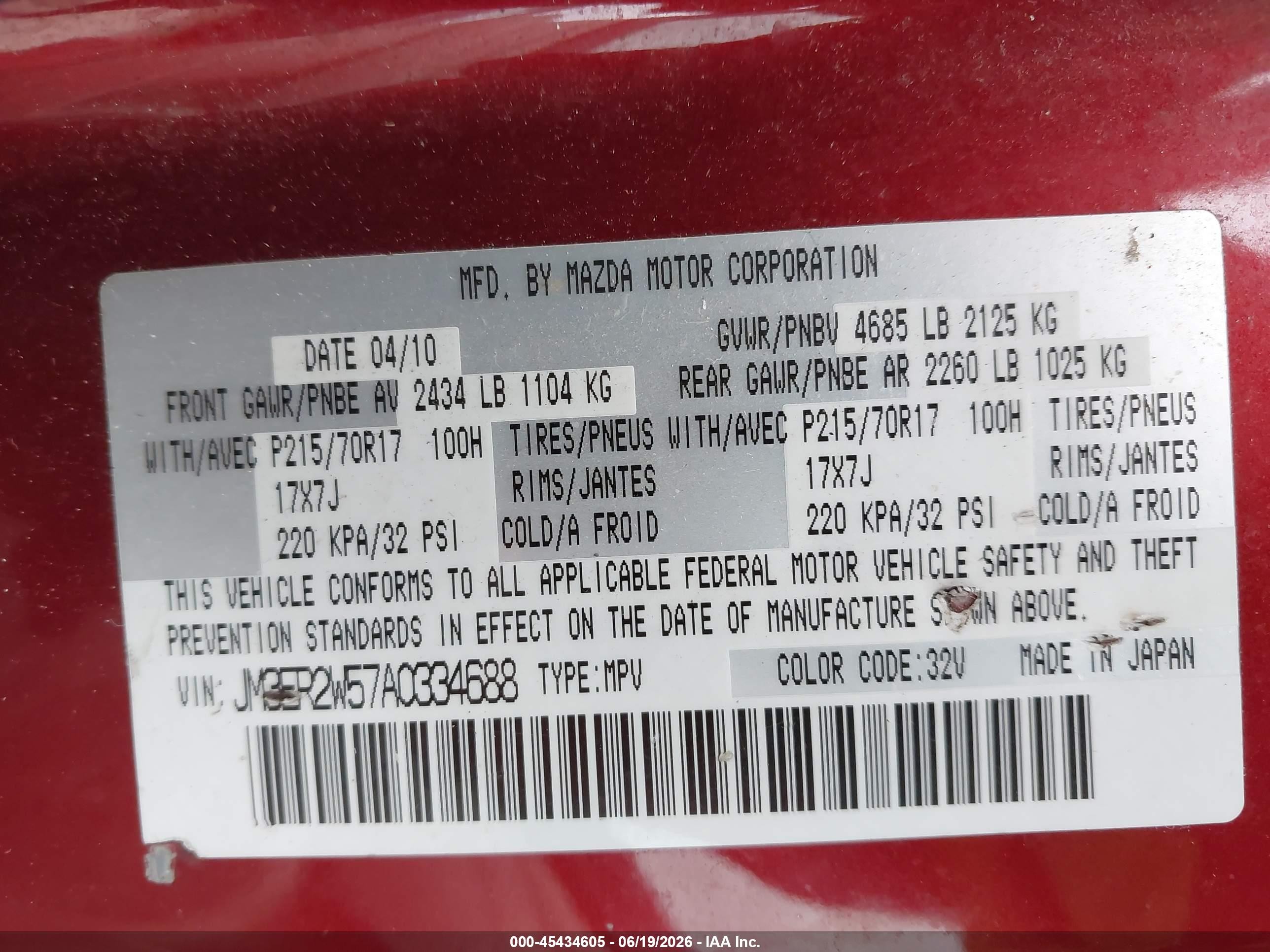 2010 Mazda Cx-7 I Sv Burgundy vin: JM3ER2W57A0334688