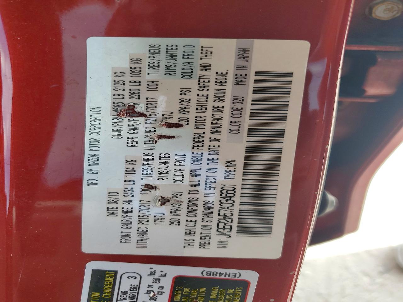 2010 Mazda Cx-7 Red vin: JM3ER2W57A0346601