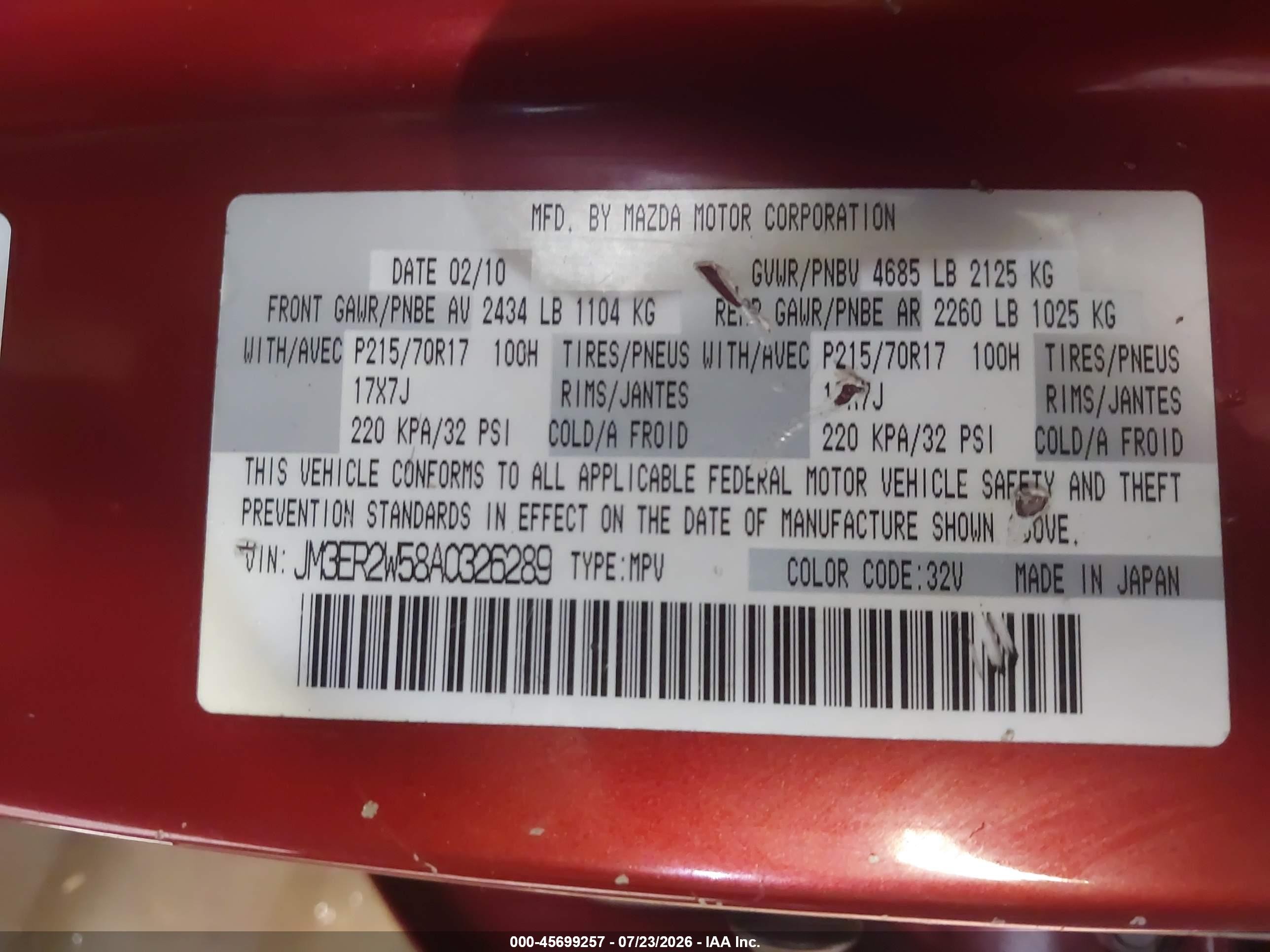 2010 Mazda Cx-7 I Sv Burgundy vin: JM3ER2W58A0326289