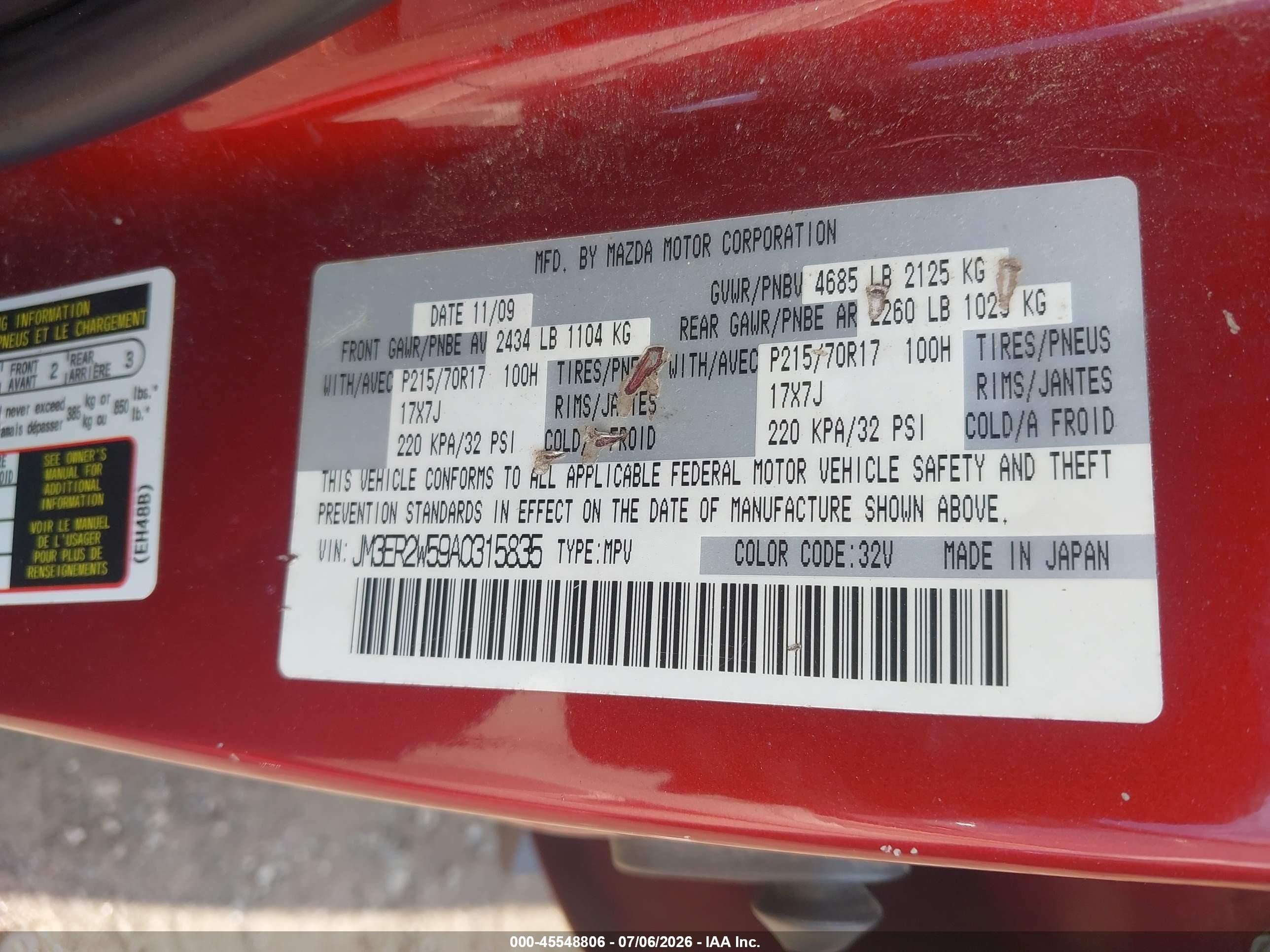 2010 Mazda Cx-7 I Sv Red vin: JM3ER2W59A0315835