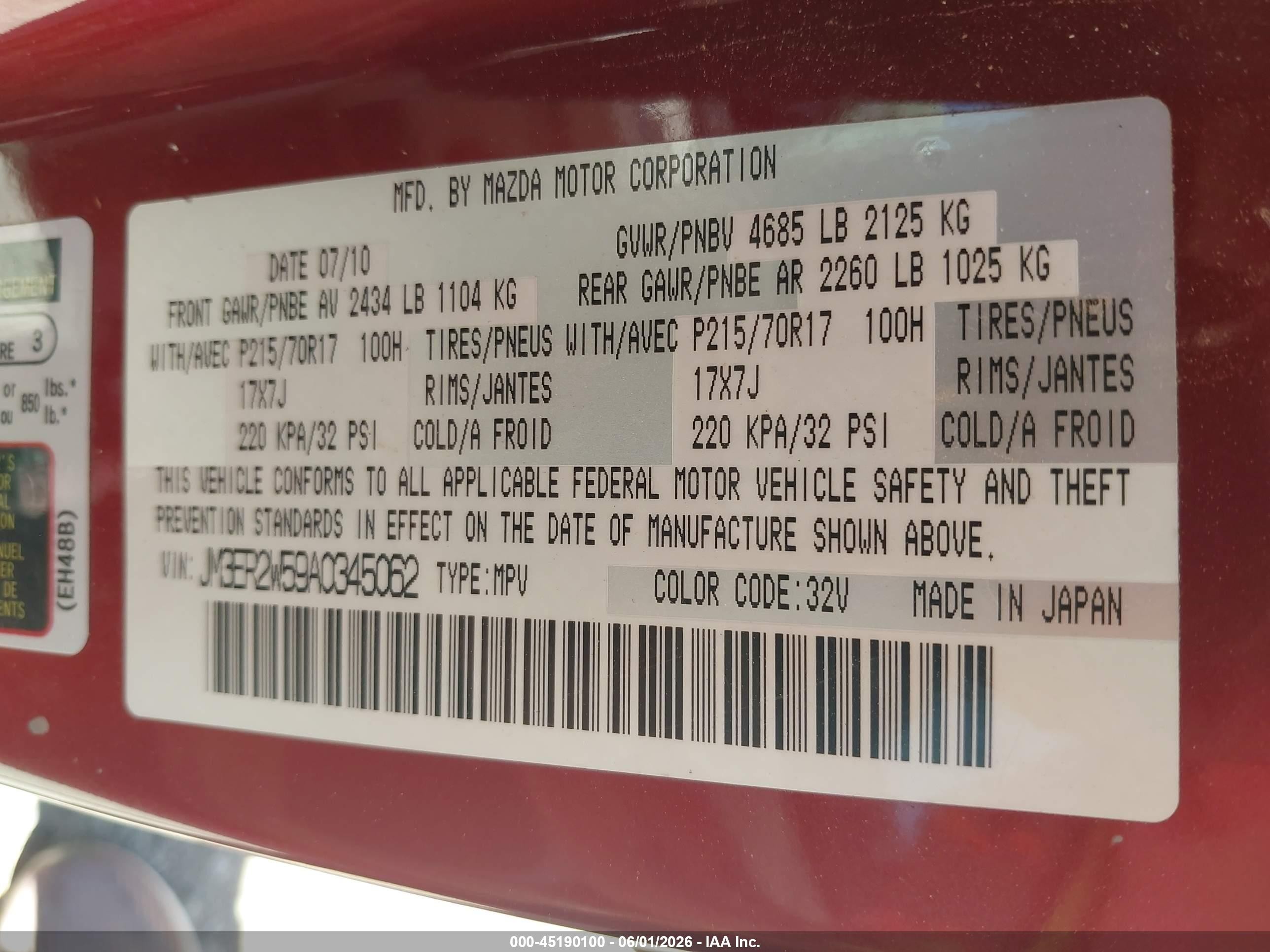 2010 Mazda Cx-7 I Sport Red vin: JM3ER2W59A0345062