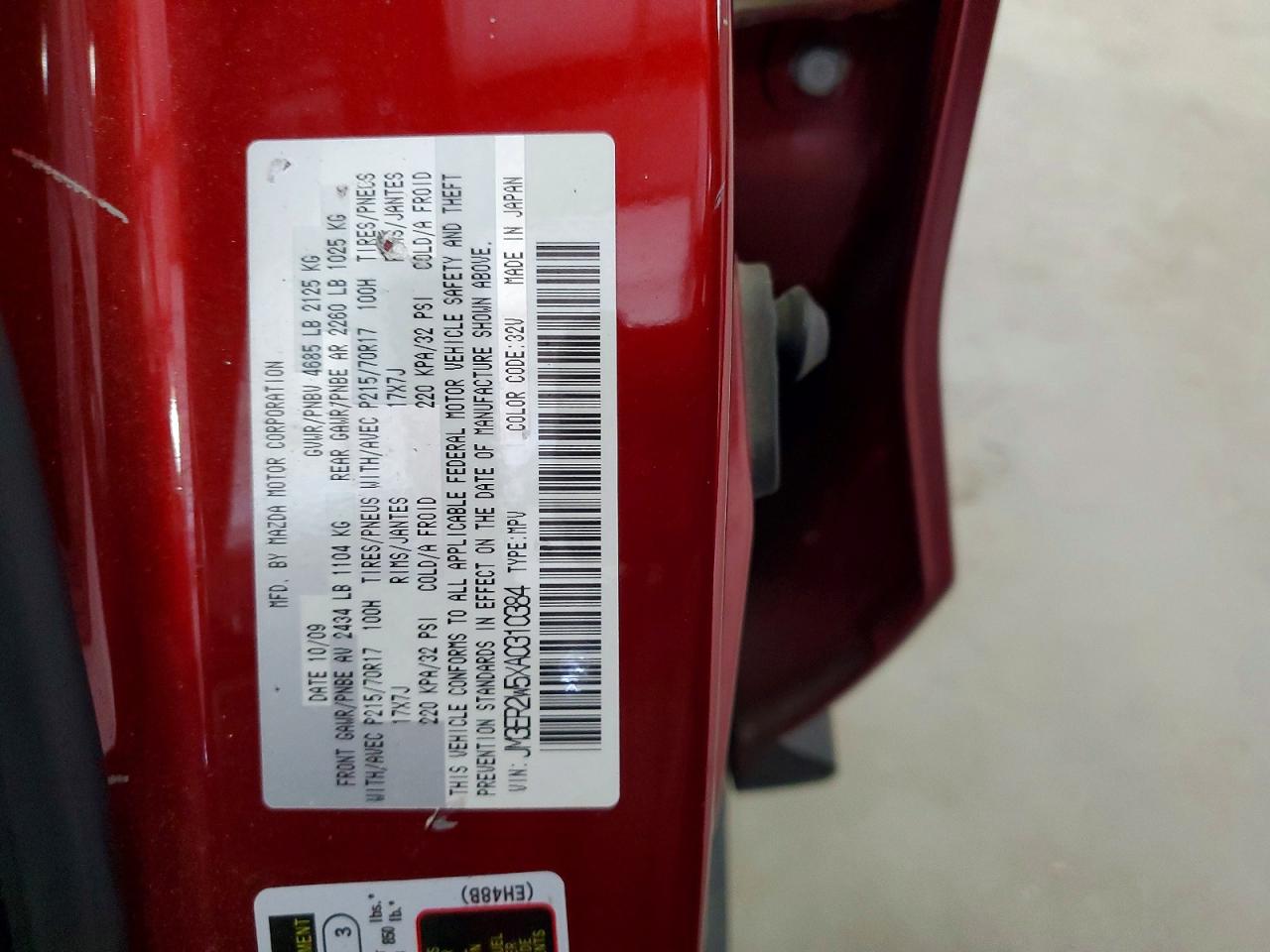 2010 Mazda Cx-7 Red vin: JM3ER2W5XA0310384