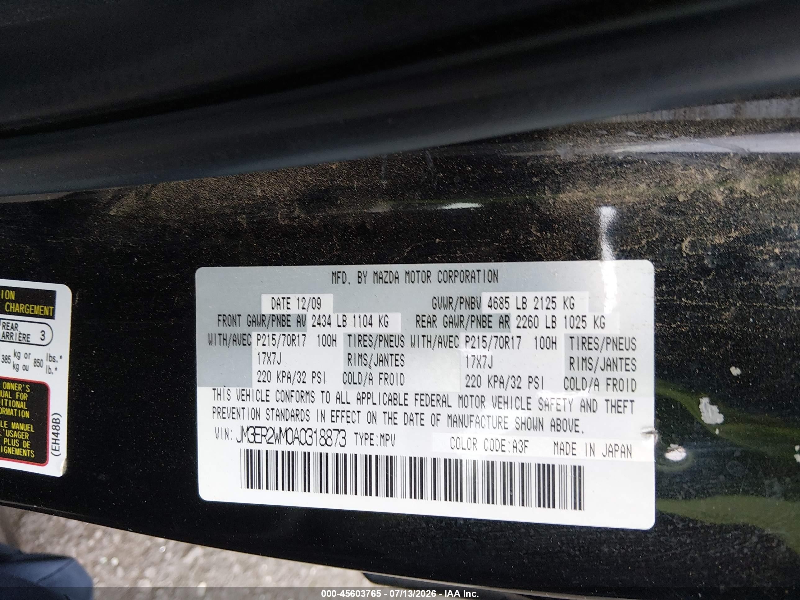 2010 Mazda Cx-7 I Sport Black vin: JM3ER2WM0A0318873
