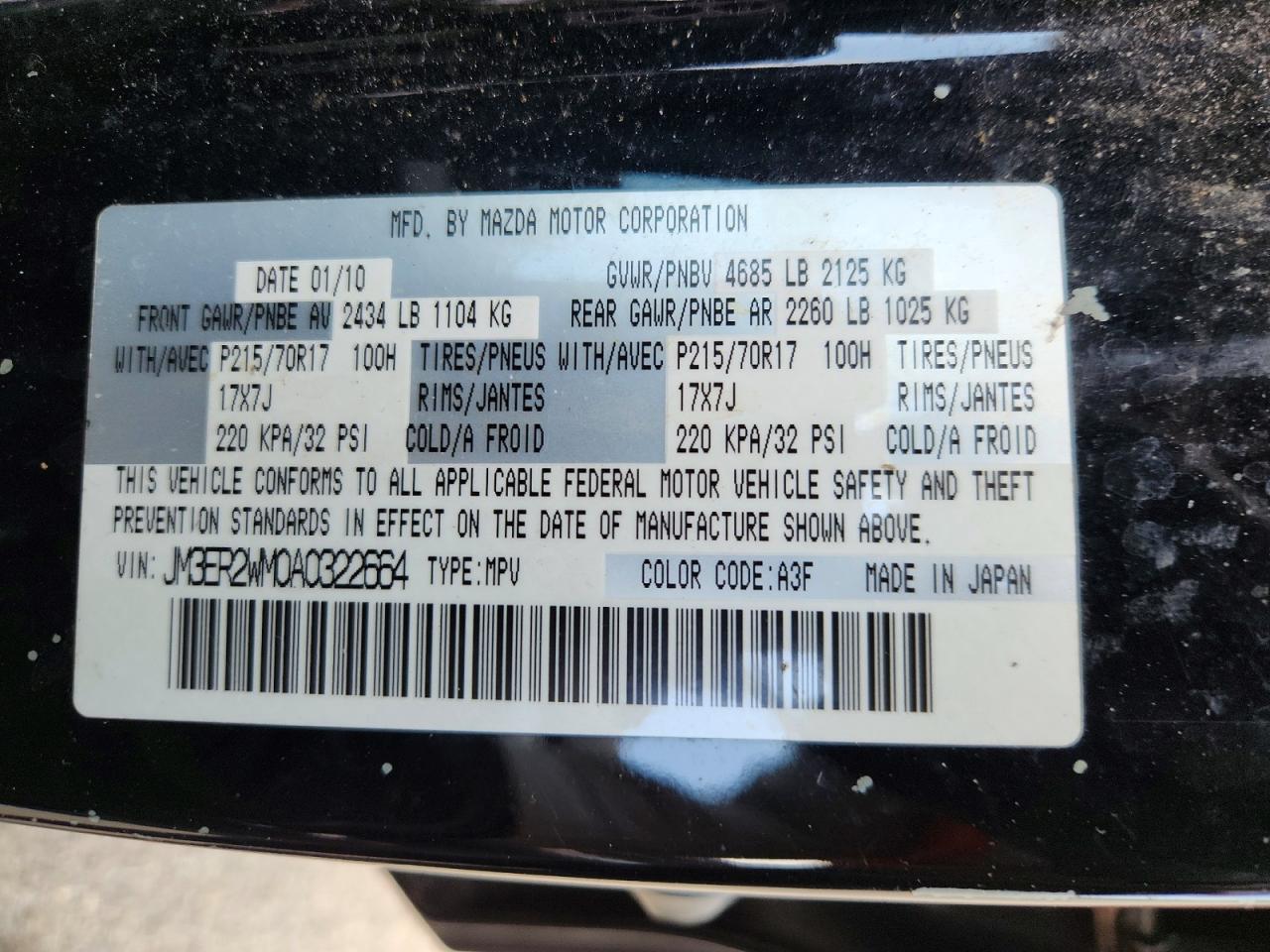 2010 Mazda Cx-7 Black vin: JM3ER2WM0A0322664