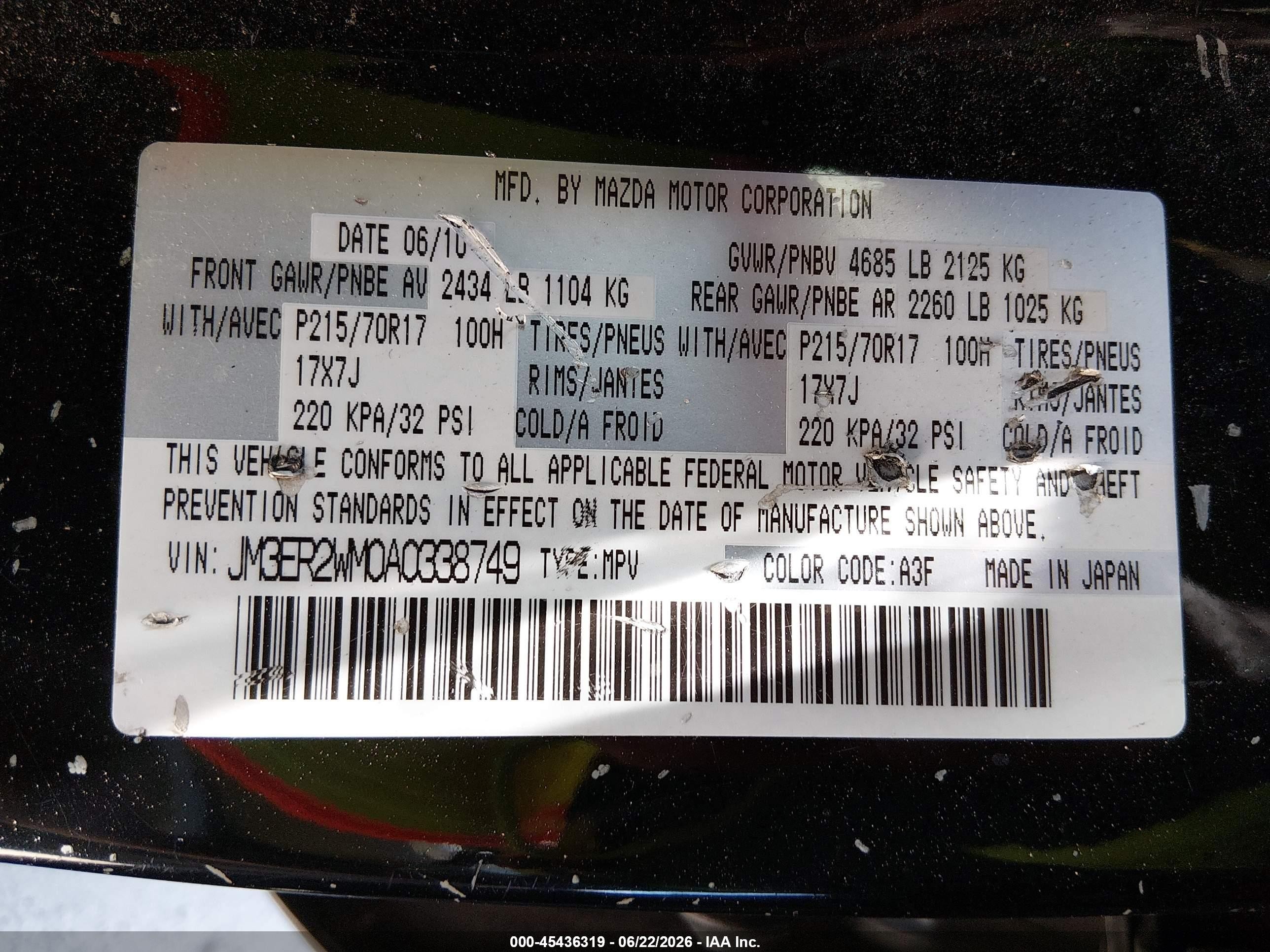 2010 Mazda Cx-7 I Sv Black vin: JM3ER2WM0A0338749