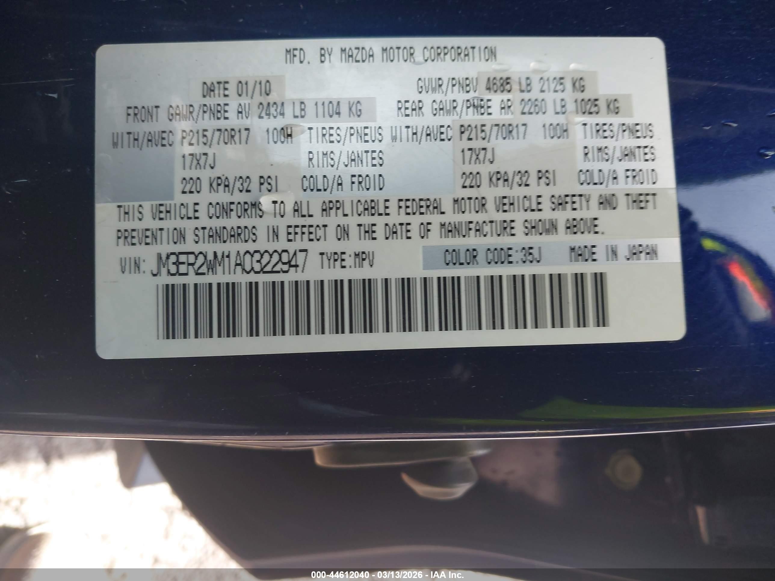 2010 Mazda Cx-7 I Sv Navy vin: JM3ER2WM1A0322947