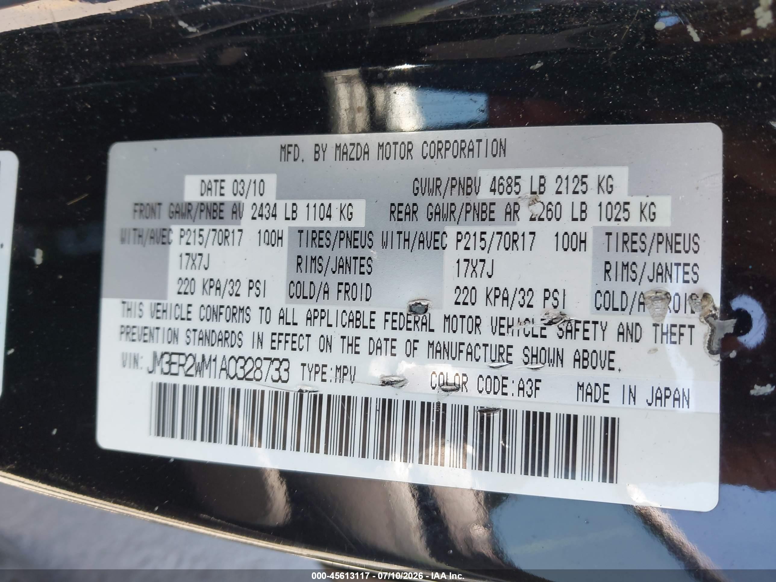 2010 Mazda Cx-7 I Sv Black vin: JM3ER2WM1A0328733