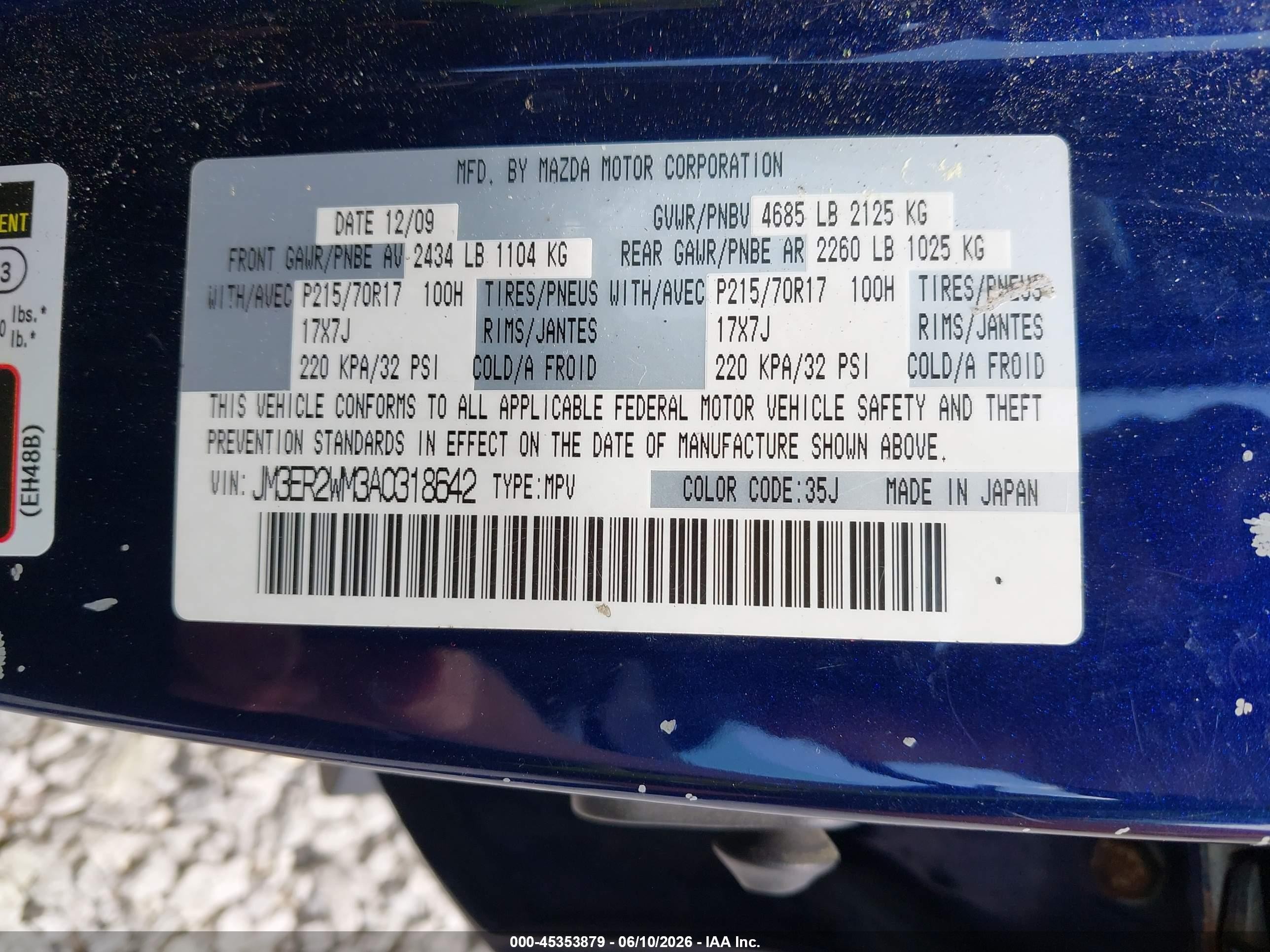2010 Mazda Cx-7 I Sport Blue vin: JM3ER2WM3A0318642