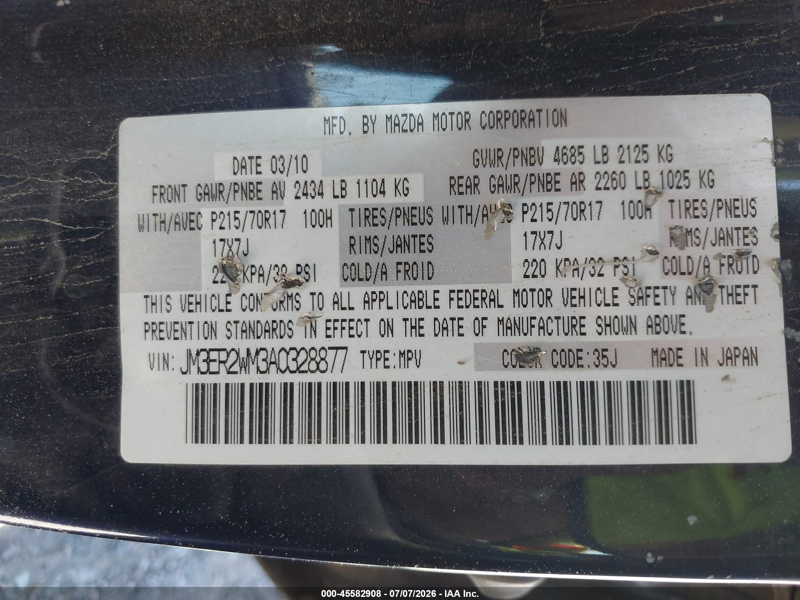 2010 Mazda Cx-7 I Sport Blue vin: JM3ER2WM3A0328877
