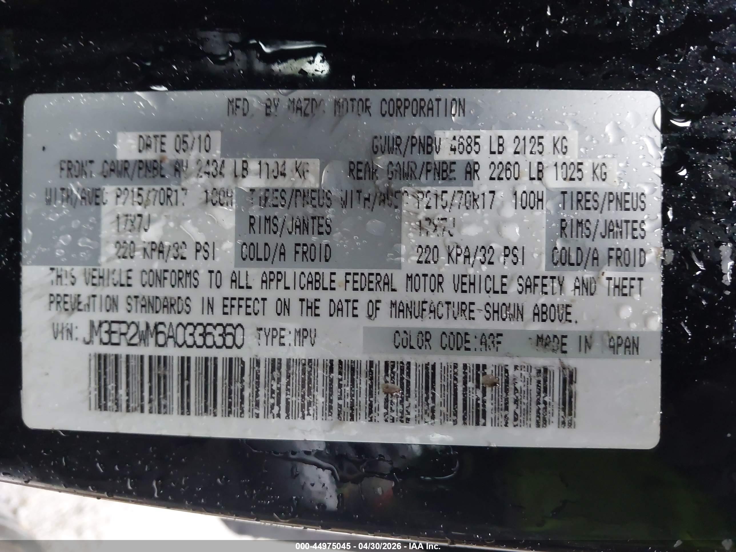 2010 Mazda Cx-7 I Sv Black vin: JM3ER2WM6A0336360
