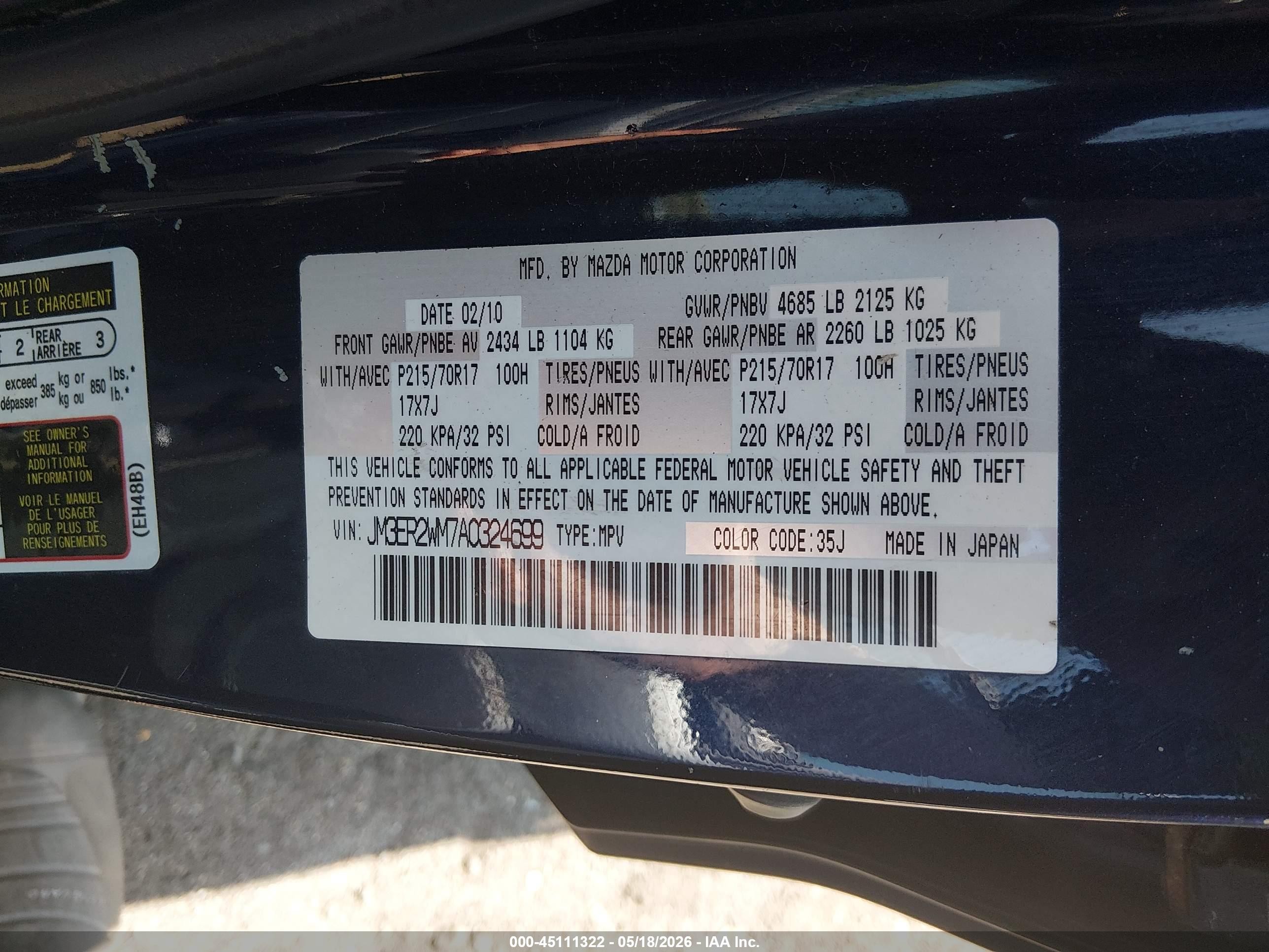 2010 Mazda Cx-7 I Sv Dark Blue vin: JM3ER2WM7A0324699