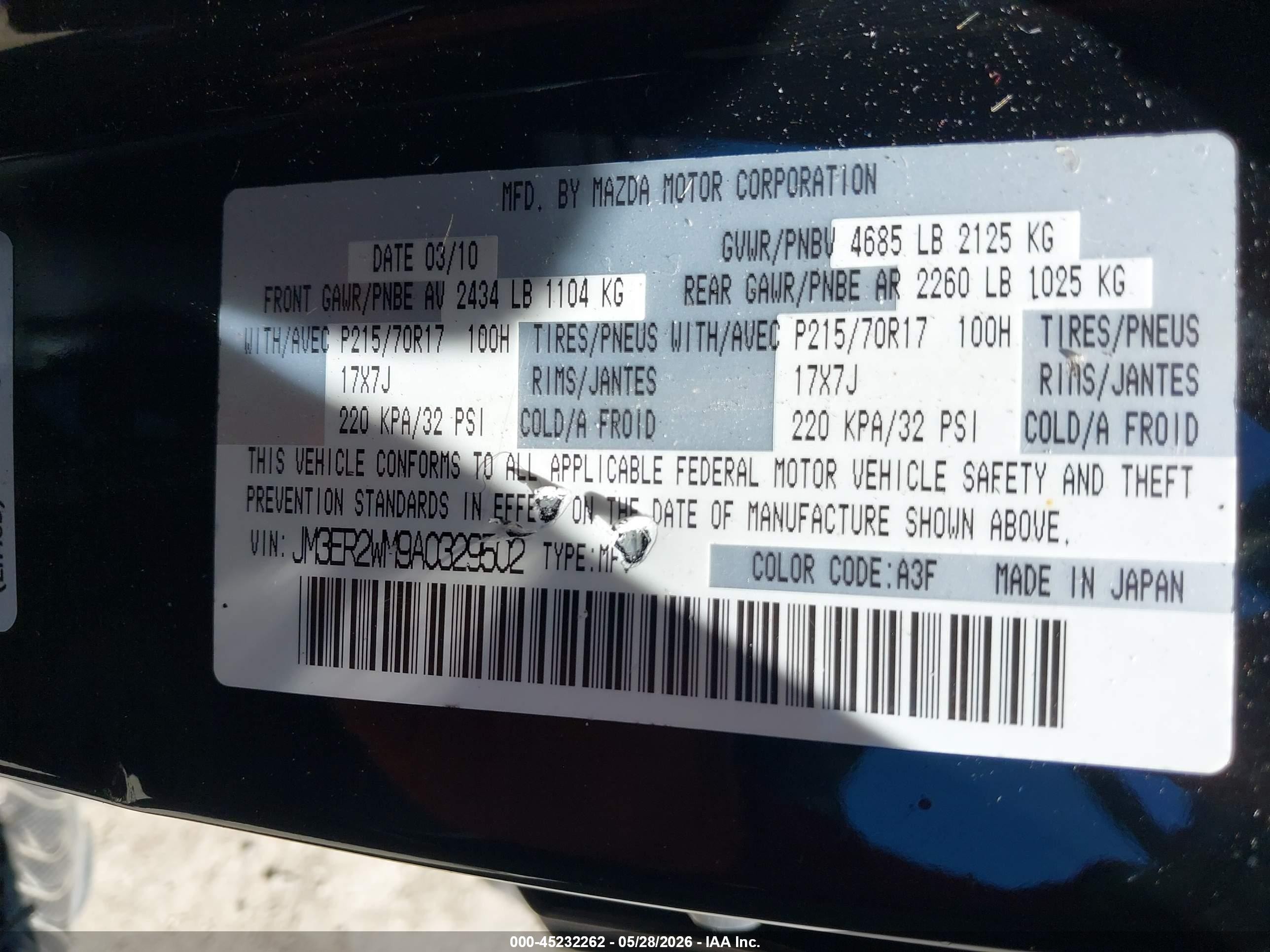 2010 Mazda Cx-7 I Sport Black vin: JM3ER2WM9A0329502