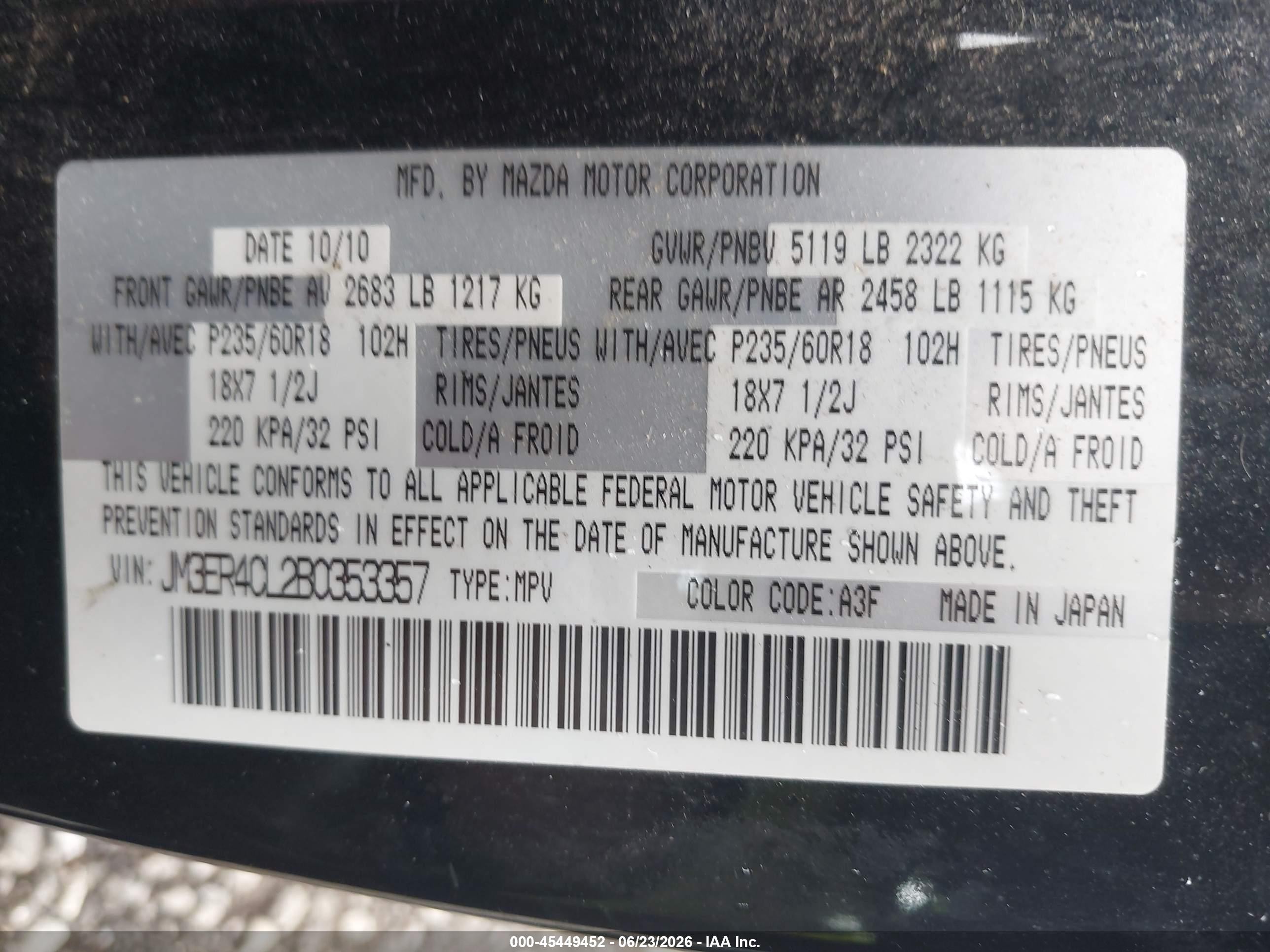 2011 Mazda Cx-7 S Touring Black vin: JM3ER4CL2B0353357