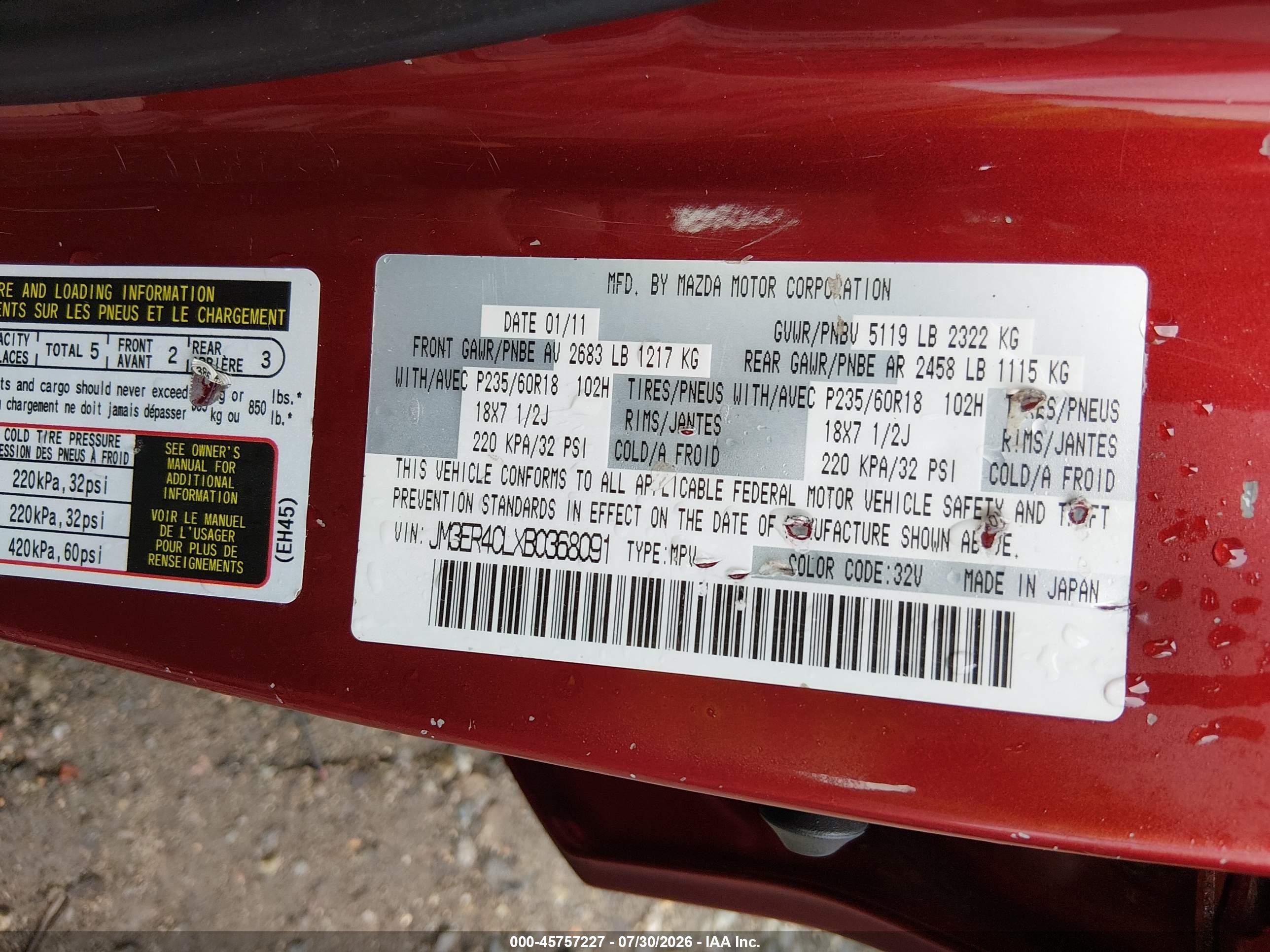 2011 Mazda Cx-7 S Touring Red vin: JM3ER4CLXB0368091