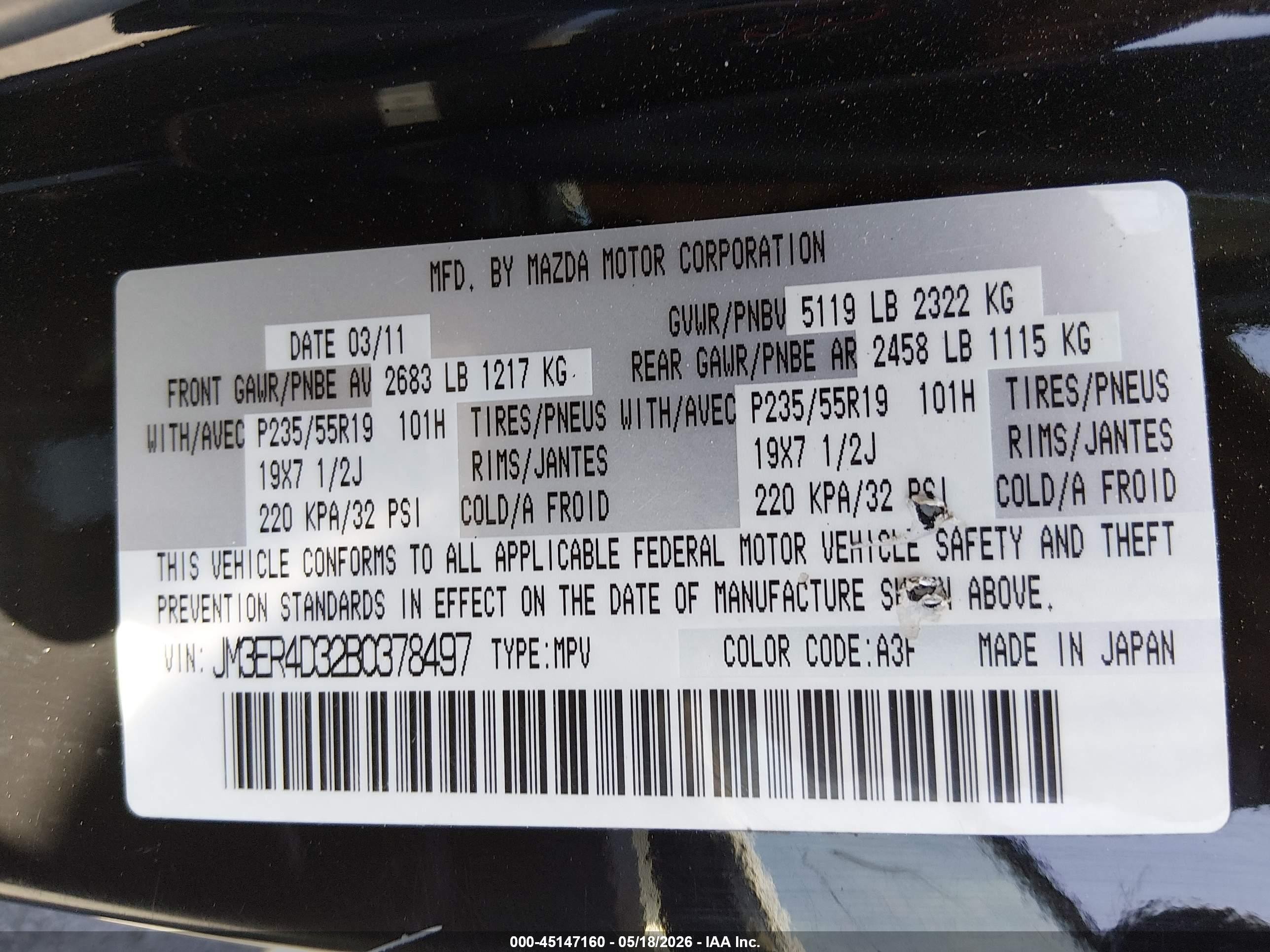 2011 Mazda Cx-7 S Grand Touring Black vin: JM3ER4D32B0378497