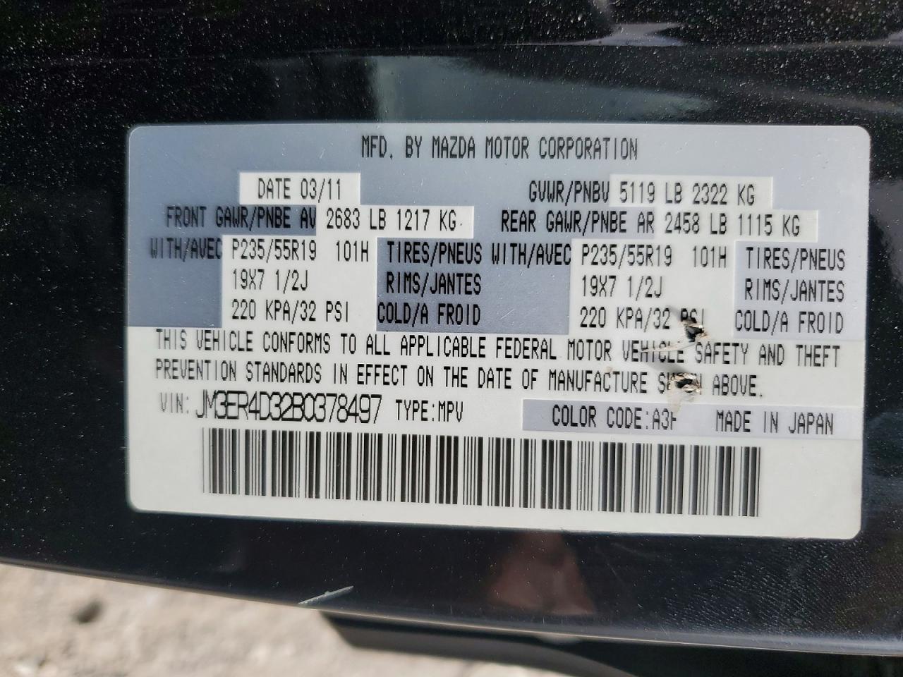 2011 Mazda Cx-7 Black vin: JM3ER4D32B0378497
