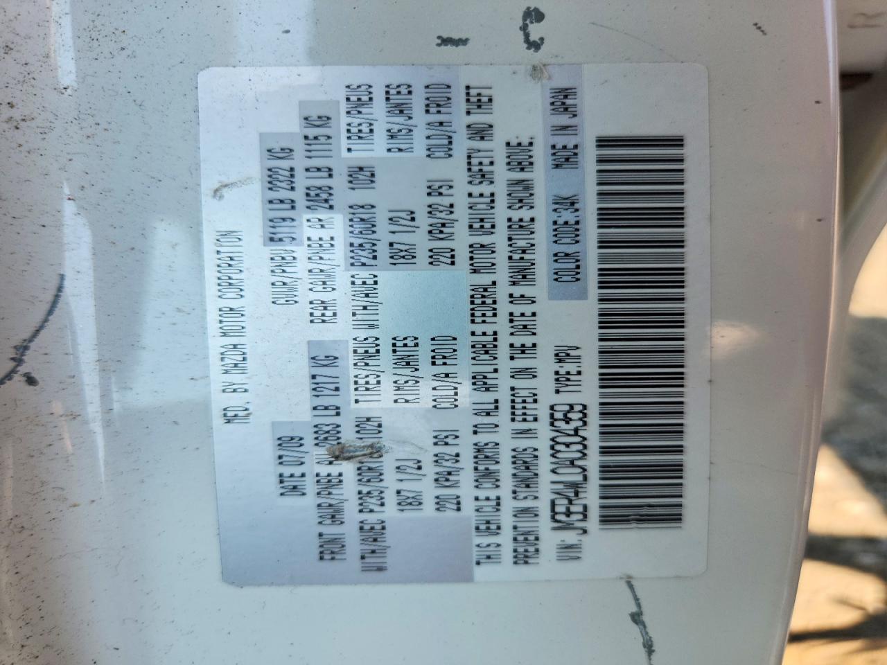 2010 Mazda Cx-7 White vin: JM3ER4WL0A0304359