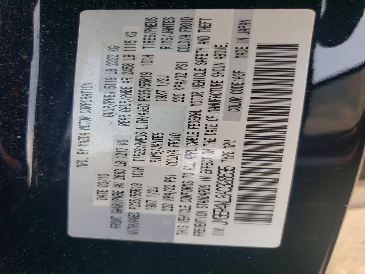 2010 Mazda Cx-7 Black vin: JM3ER4WL8A0328635