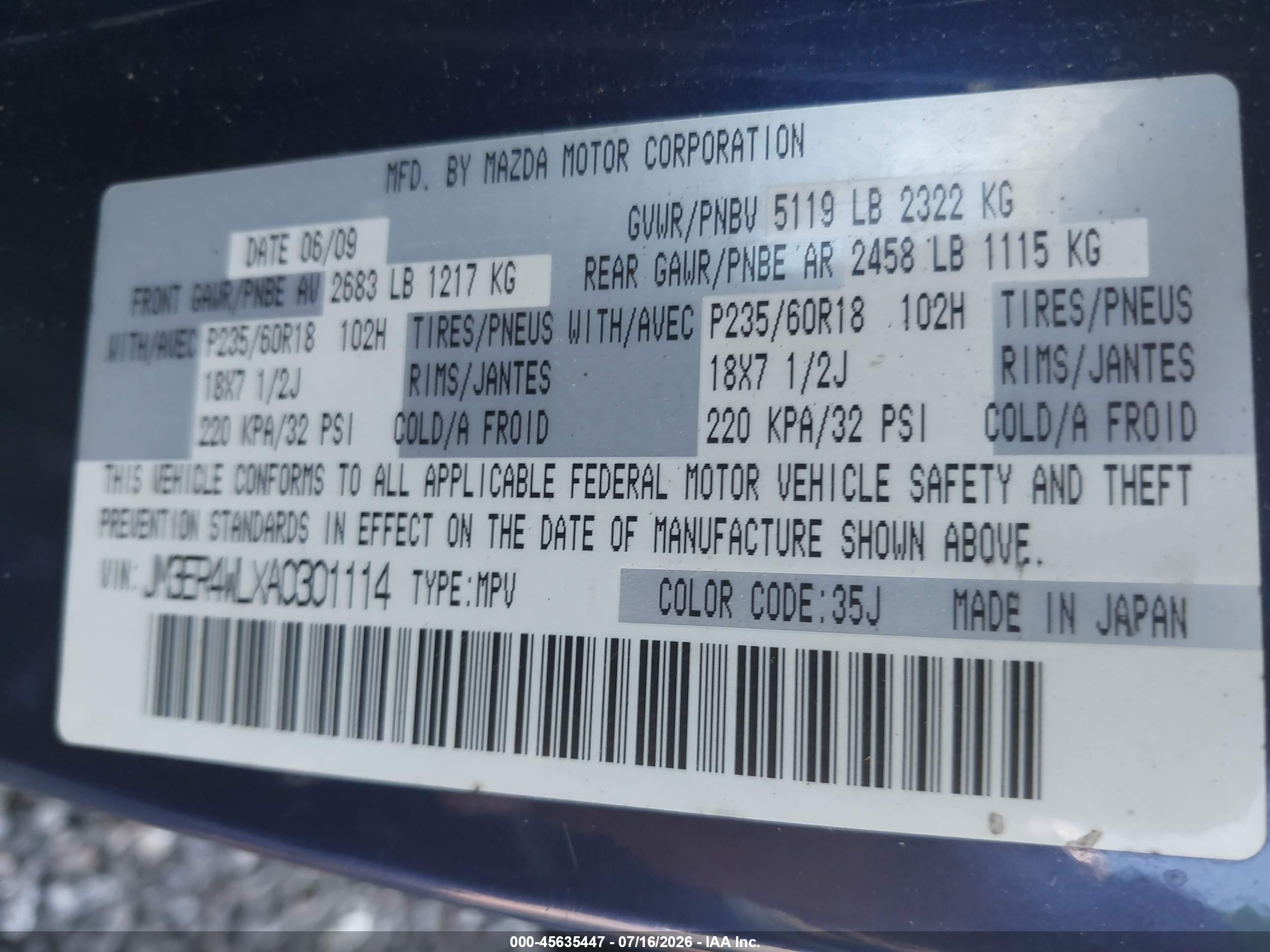 2010 Mazda Cx-7 S Touring Navy vin: JM3ER4WLXA0301114