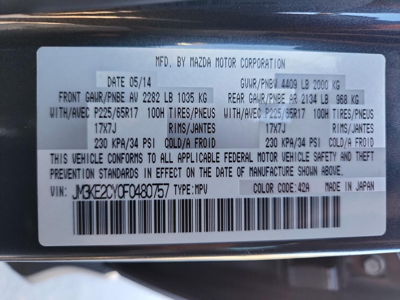 2015 Mazda Cx-5 Touring Charcoal vin: JM3KE2CY0F0480757