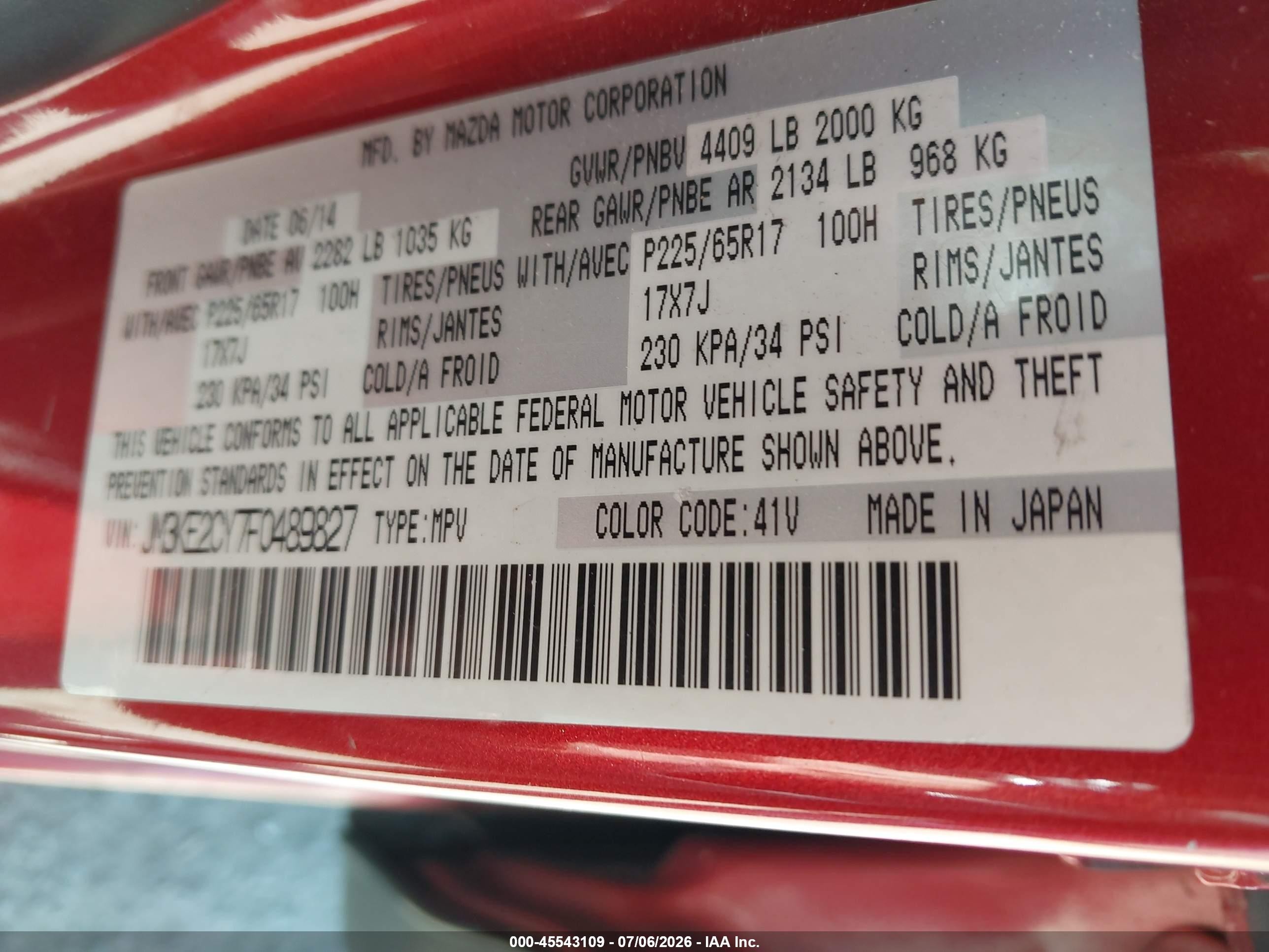 2015 Mazda Cx-5 Touring Red vin: JM3KE2CY7F0489827