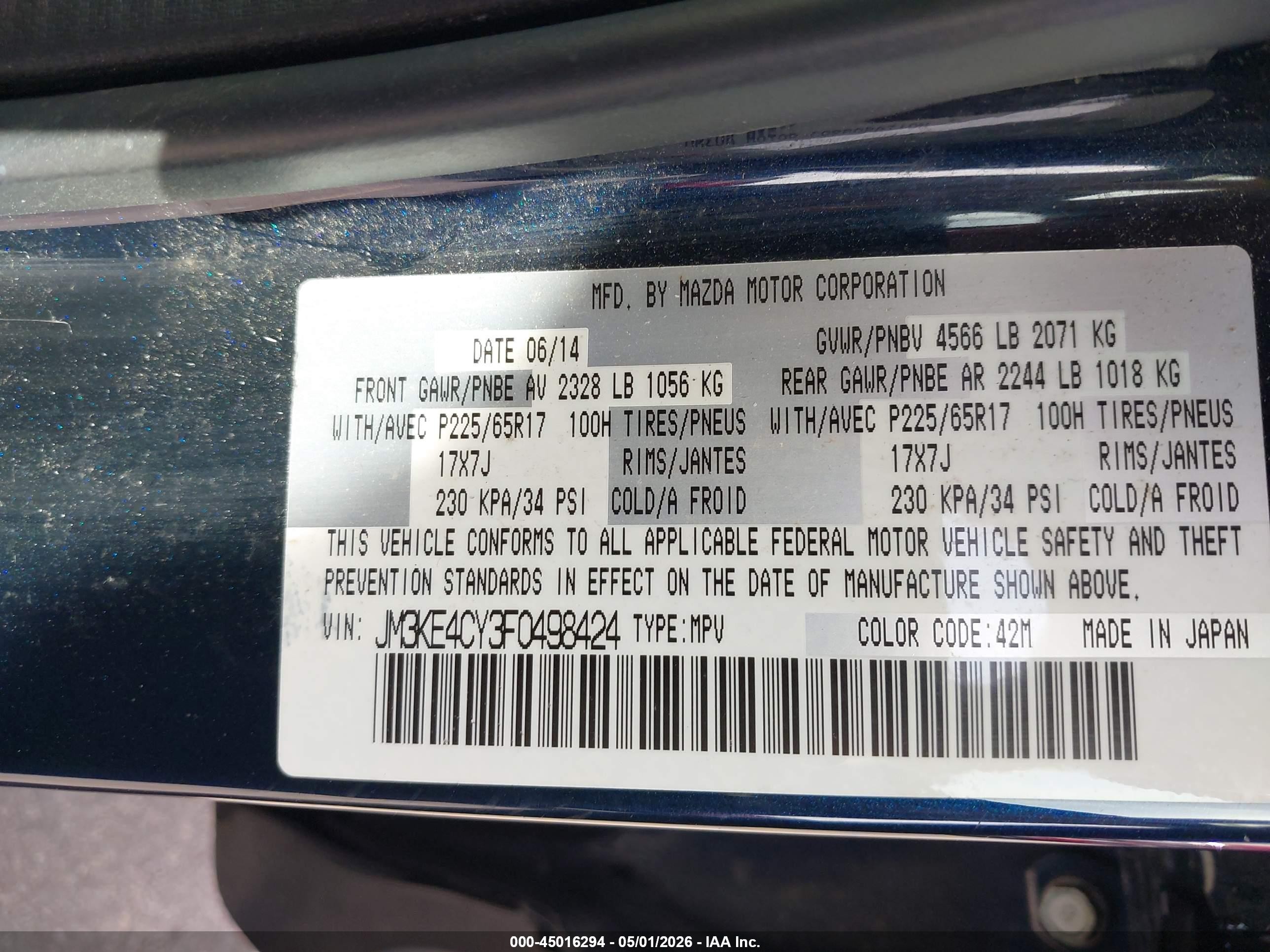 2015 Mazda Cx-5 Touring Dark Blue vin: JM3KE4CY3F0498424