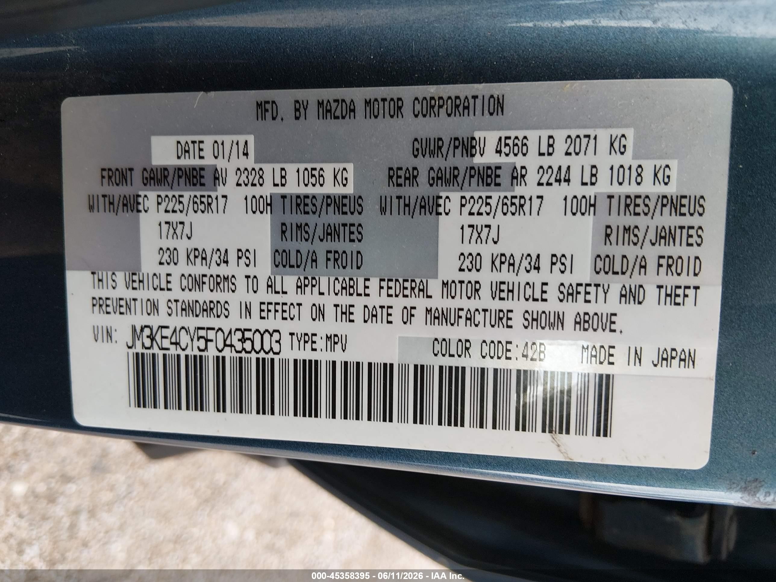 2015 Mazda Cx-5 Touring Blue vin: JM3KE4CY5F0435003