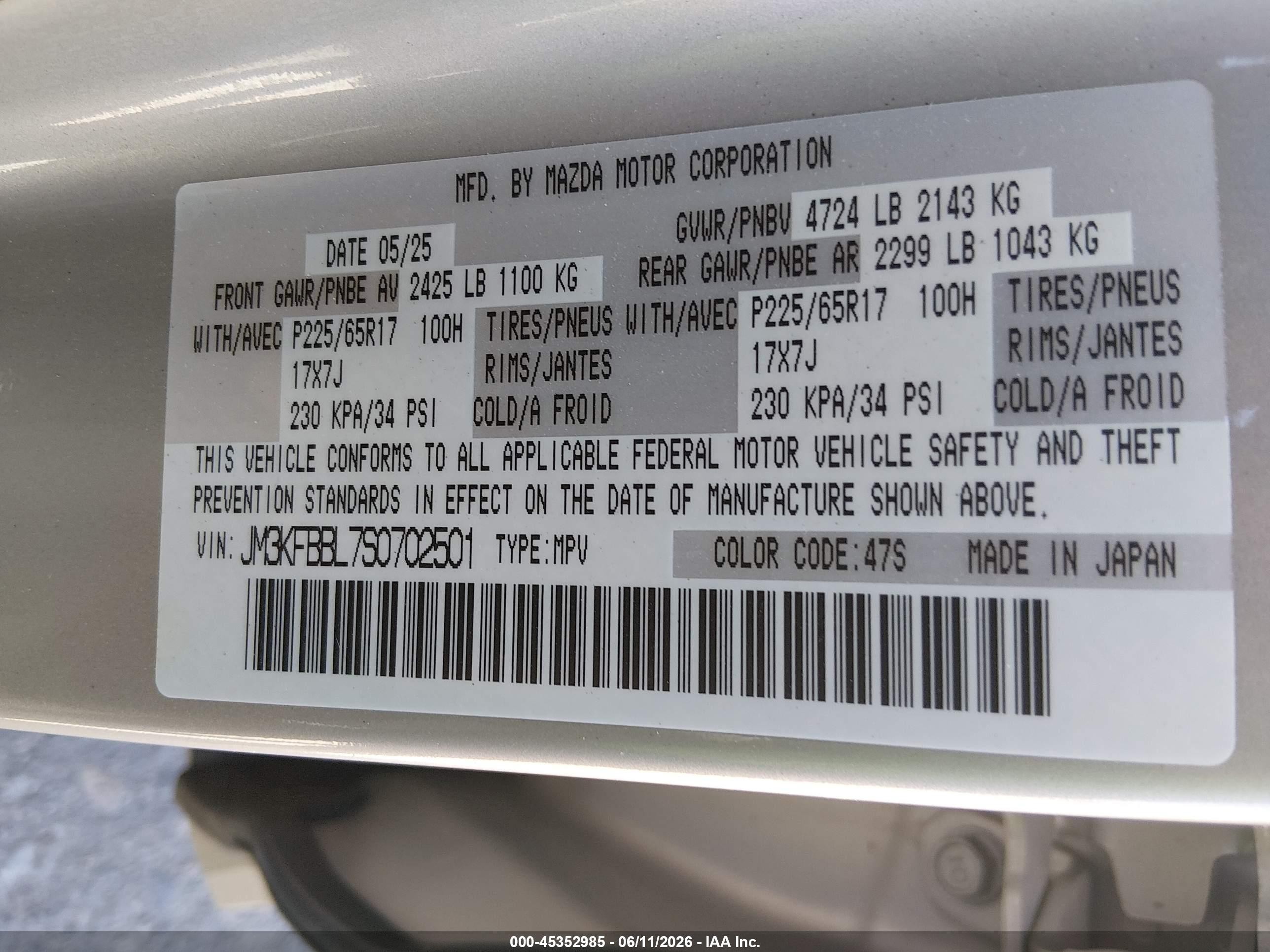 2025 Mazda Cx-5 2.5 S Select Champagne vin: JM3KFBBL7S0702501
