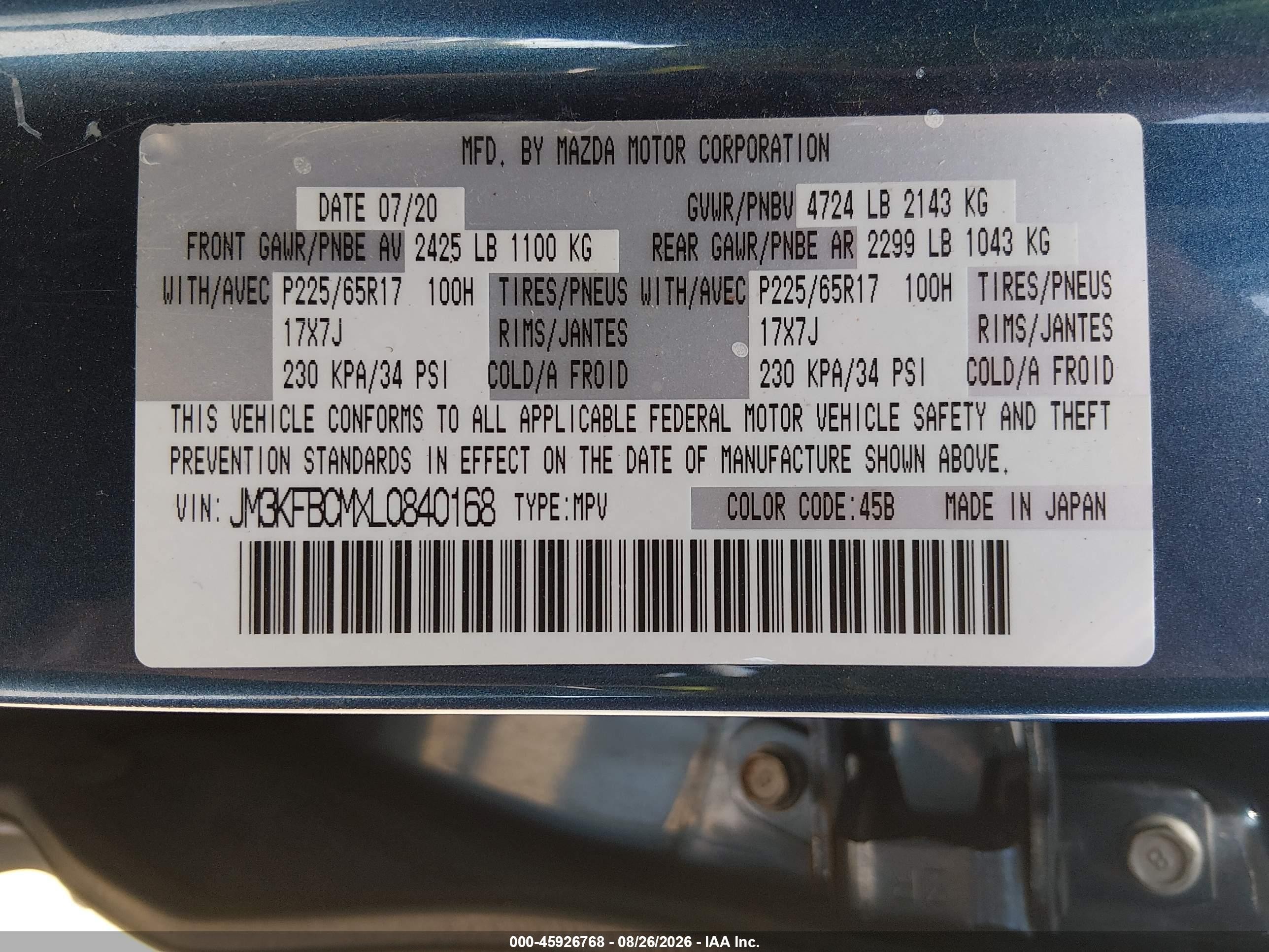 2020 Mazda Cx-5 Touring Blue vin: JM3KFBCMXL0840168