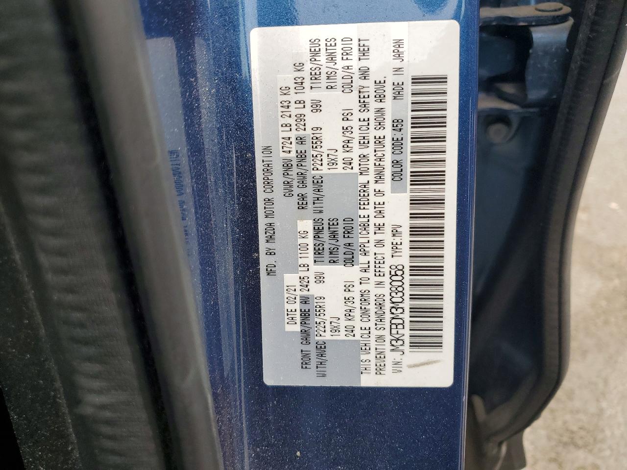 2021 Mazda Cx-5 Grand Touring Blue vin: JM3KFBDM3M0380058